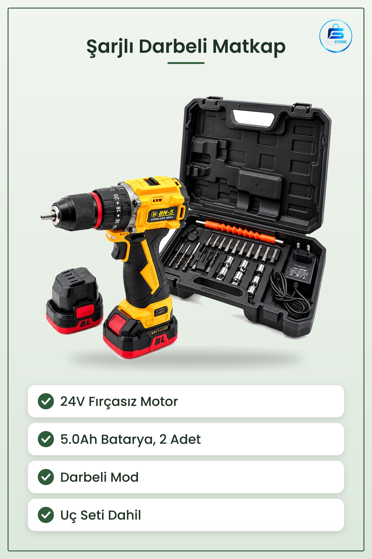 Şarjlı Darbeli Matkap 24V Fırçasız 5.0Ah RPM 2 Batarya Uç Seti Ahşap Metal Beton