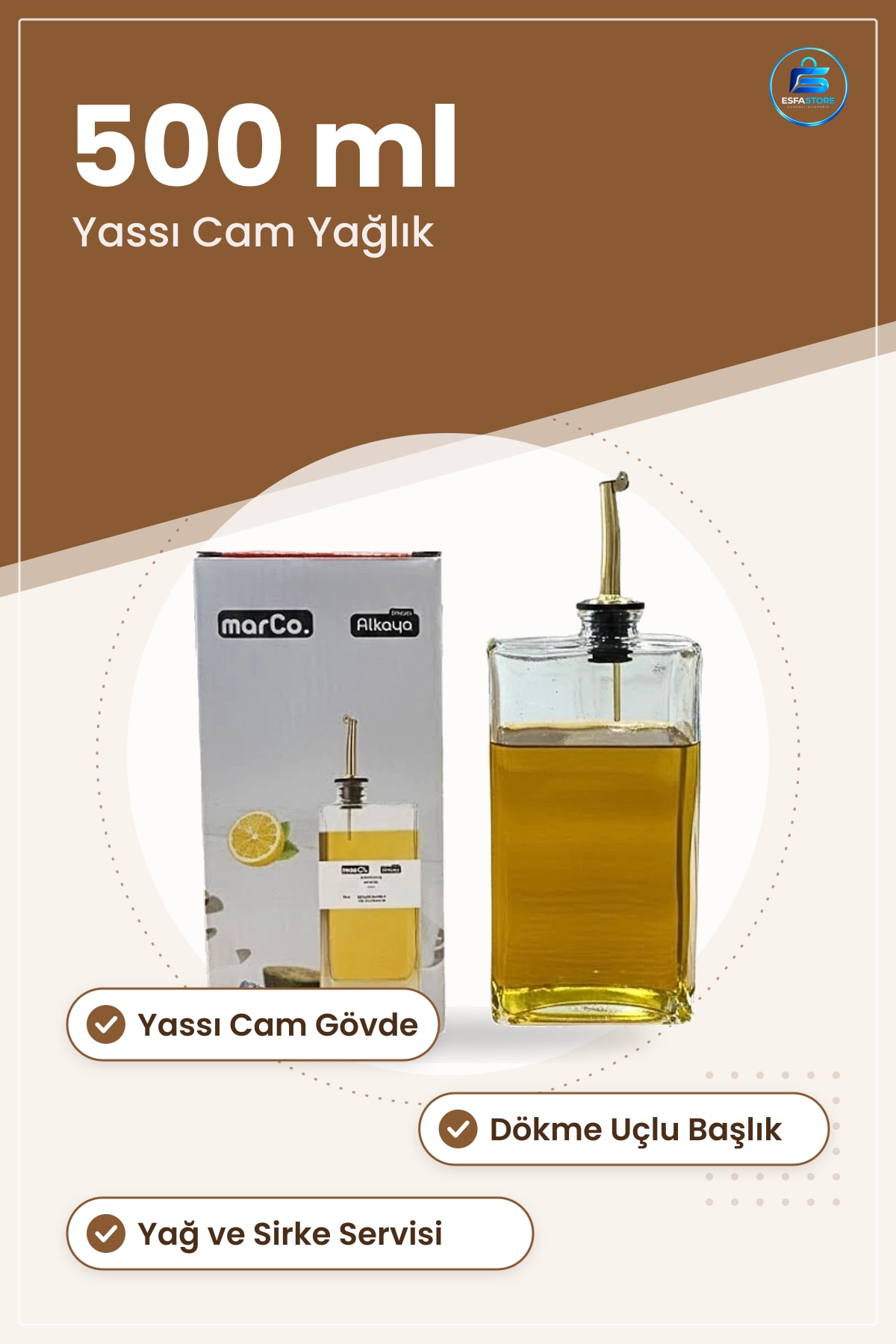 Yassı Cam Yağlık Sirkelik 500 ml Mutfak Yağ ve Sirke Şişesi Dökme Uçlu Sofra Sürahisi