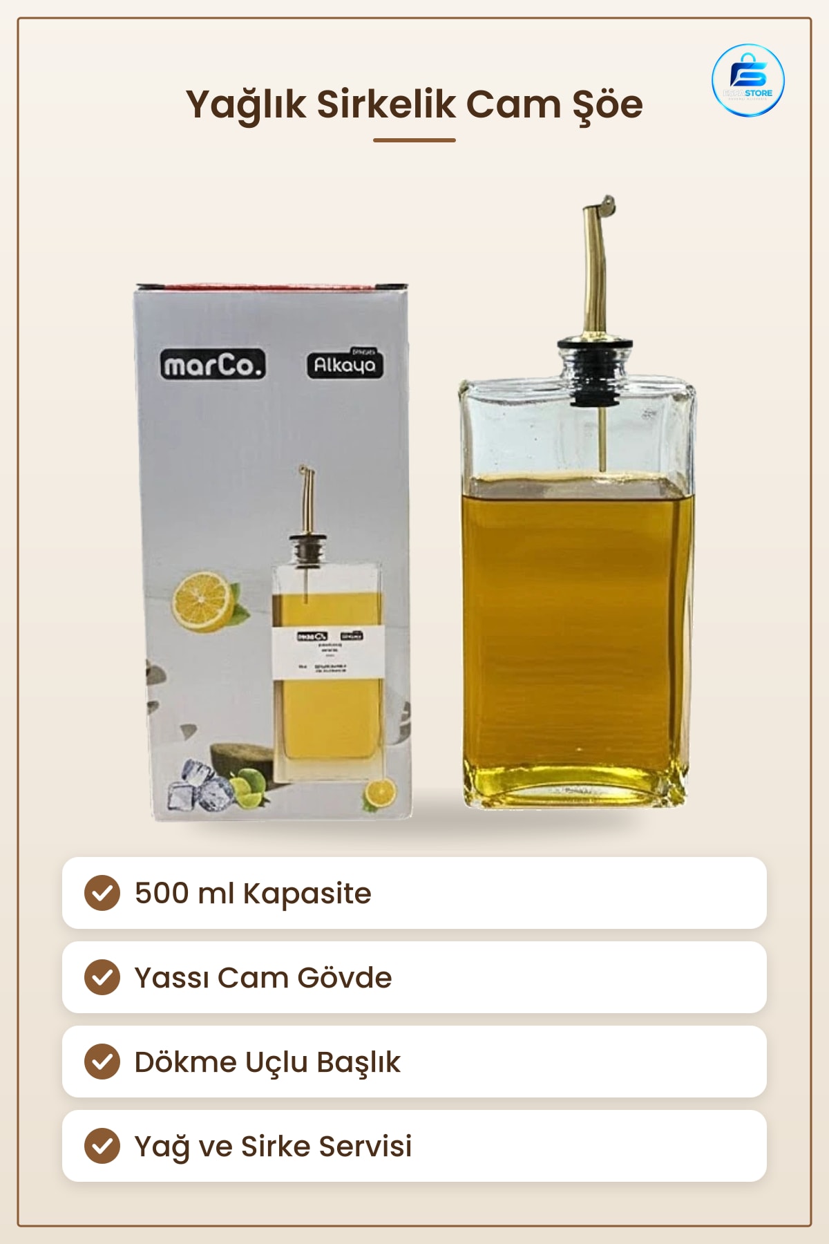 Yassı Cam Yağlık Sirkelik 500 ml Mutfak Yağ ve Sirke Şişesi Dökme Uçlu Sofra Sürahisi