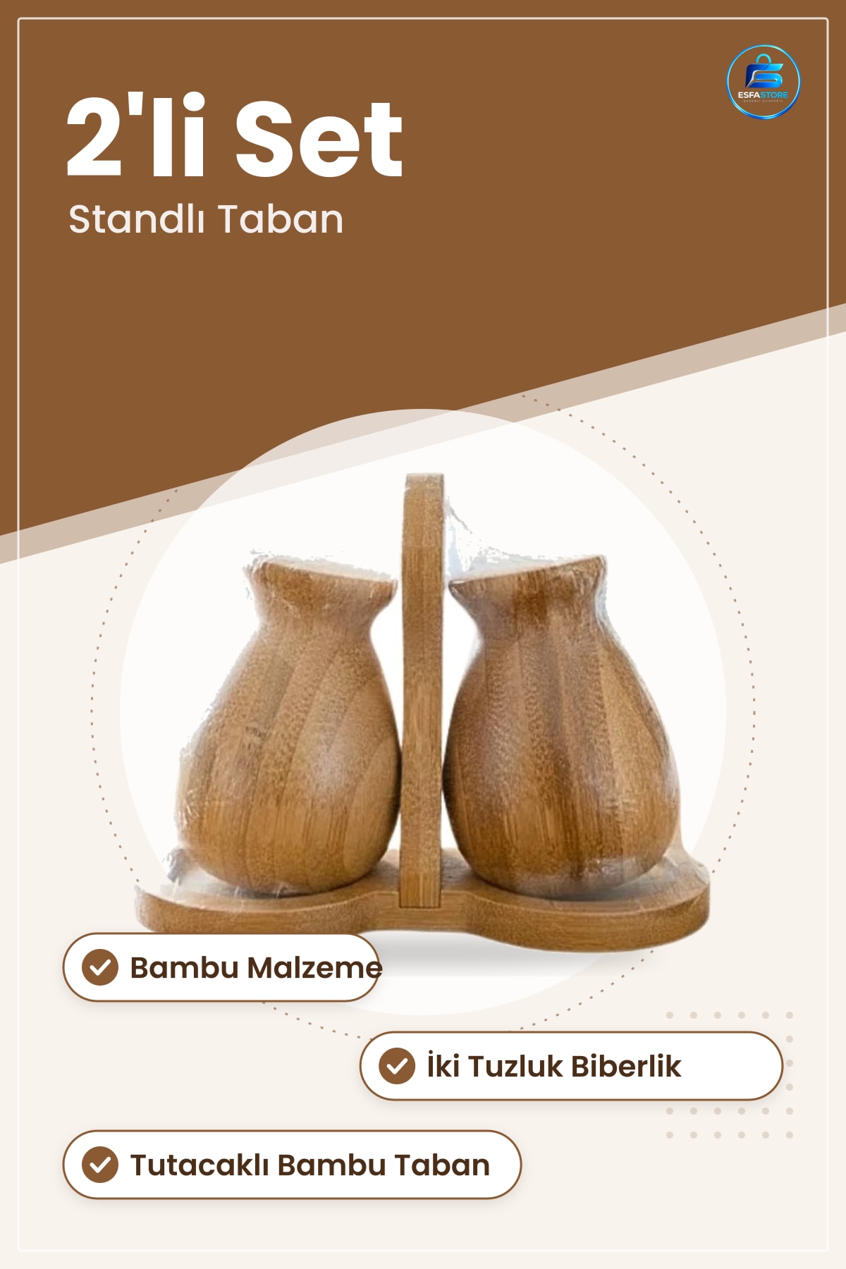 Bambu Tuzluk Biberlik Seti Standlı Mutfak Sofra Tuz ve Biber Kabı Pratik Kullanım Ev