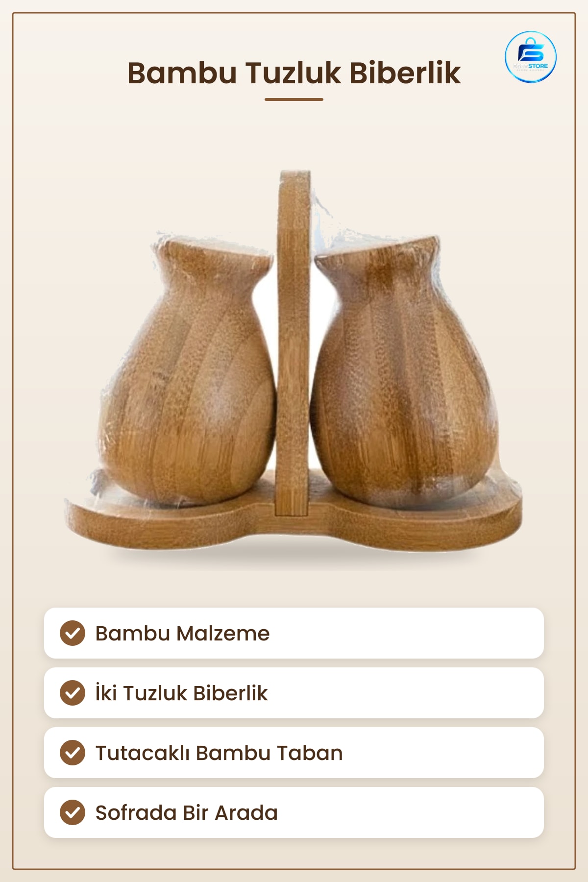 Bambu Tuzluk Biberlik Seti Standlı Mutfak Sofra Tuz ve Biber Kabı Pratik Kullanım Ev