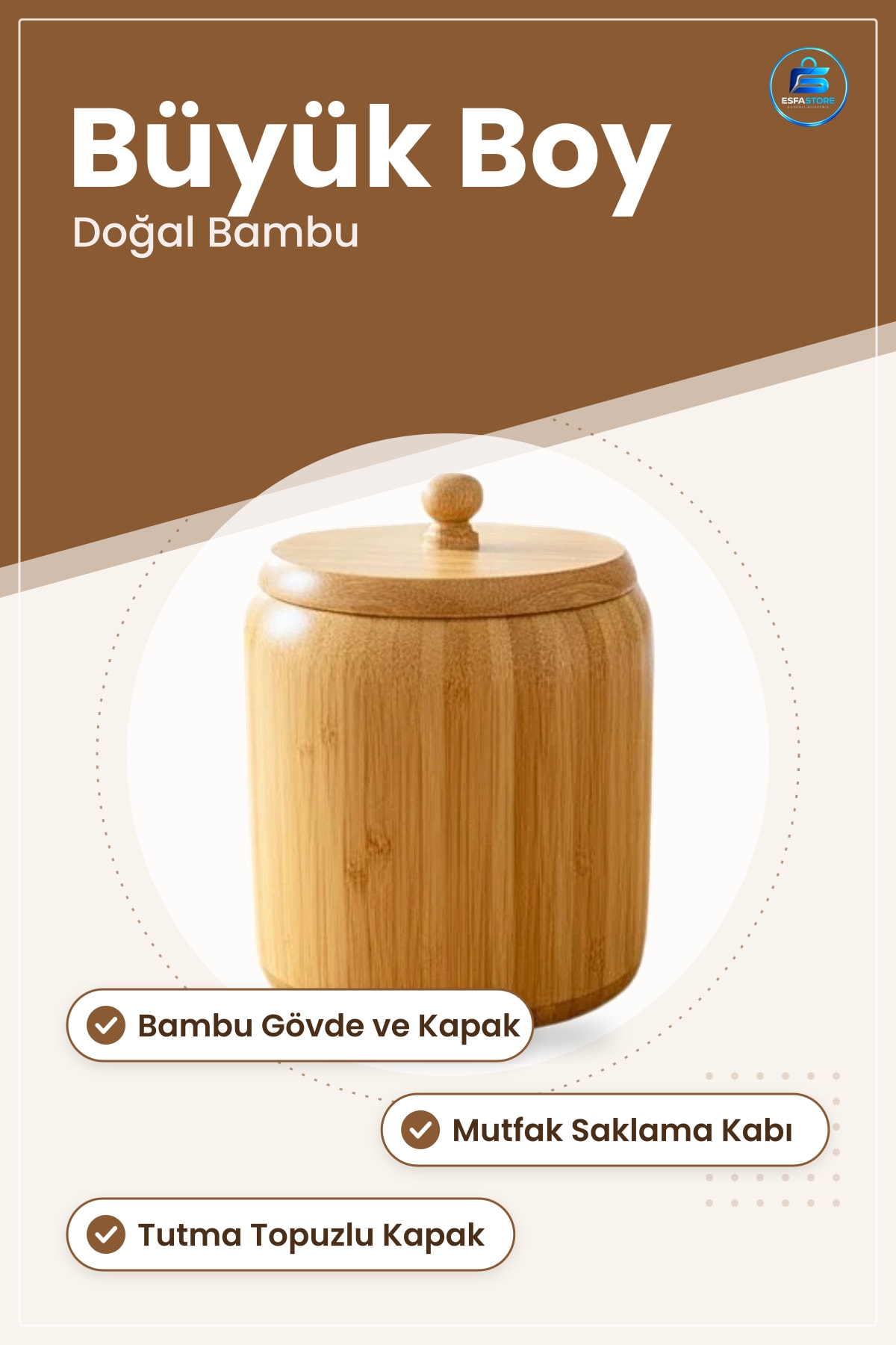 Büyük Boy Bambu Kapaklı Kavanoz Mutfak Saklama ve Düzenleme Kabı Tutmalı Kapak Yuvarlak
