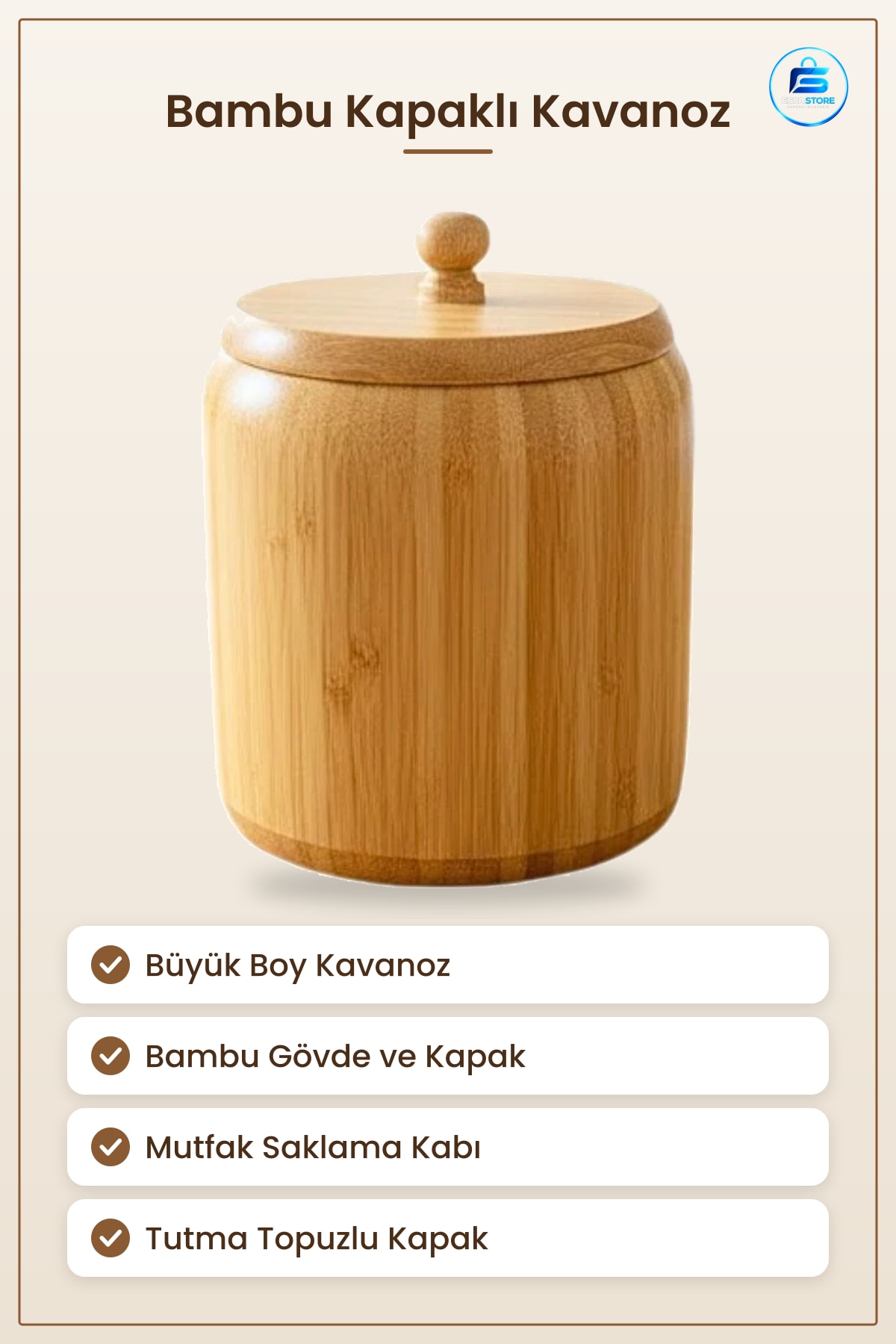 Büyük Boy Bambu Kapaklı Kavanoz Mutfak Saklama ve Düzenleme Kabı Tutmalı Kapak Yuvarlak