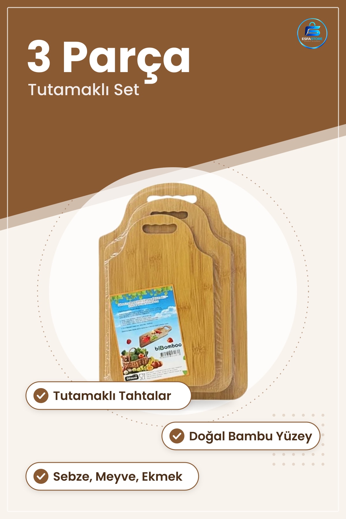Bambu Kesme Tahtası 3 Parça Kesim Panosu Seti Mutfakta Tutamaklı Doğal Malzeme Yemek Hazırlık