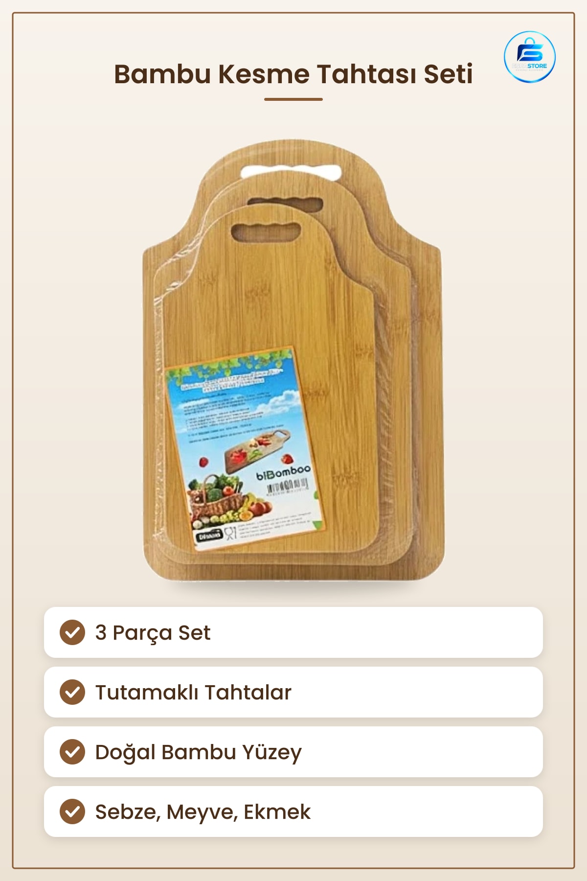 Bambu Kesme Tahtası 3 Parça Kesim Panosu Seti Mutfakta Tutamaklı Doğal Malzeme Yemek Hazırlık