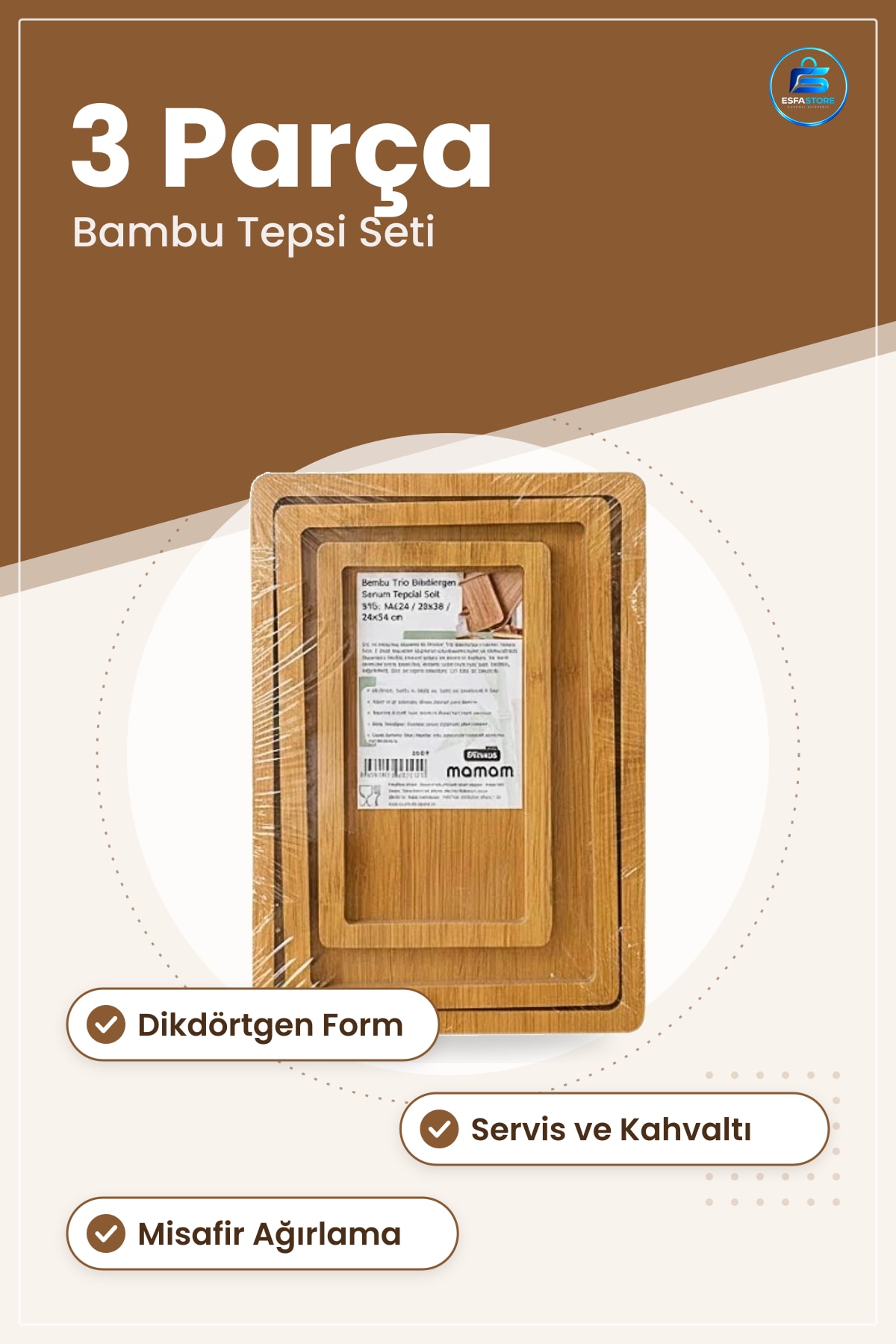 Bambu Dikdörtgen Sunum Tepsisi Seti 3 Parça Tepsi Servis Mutfak Sofra Kahvaltı Ev Dekorasyon