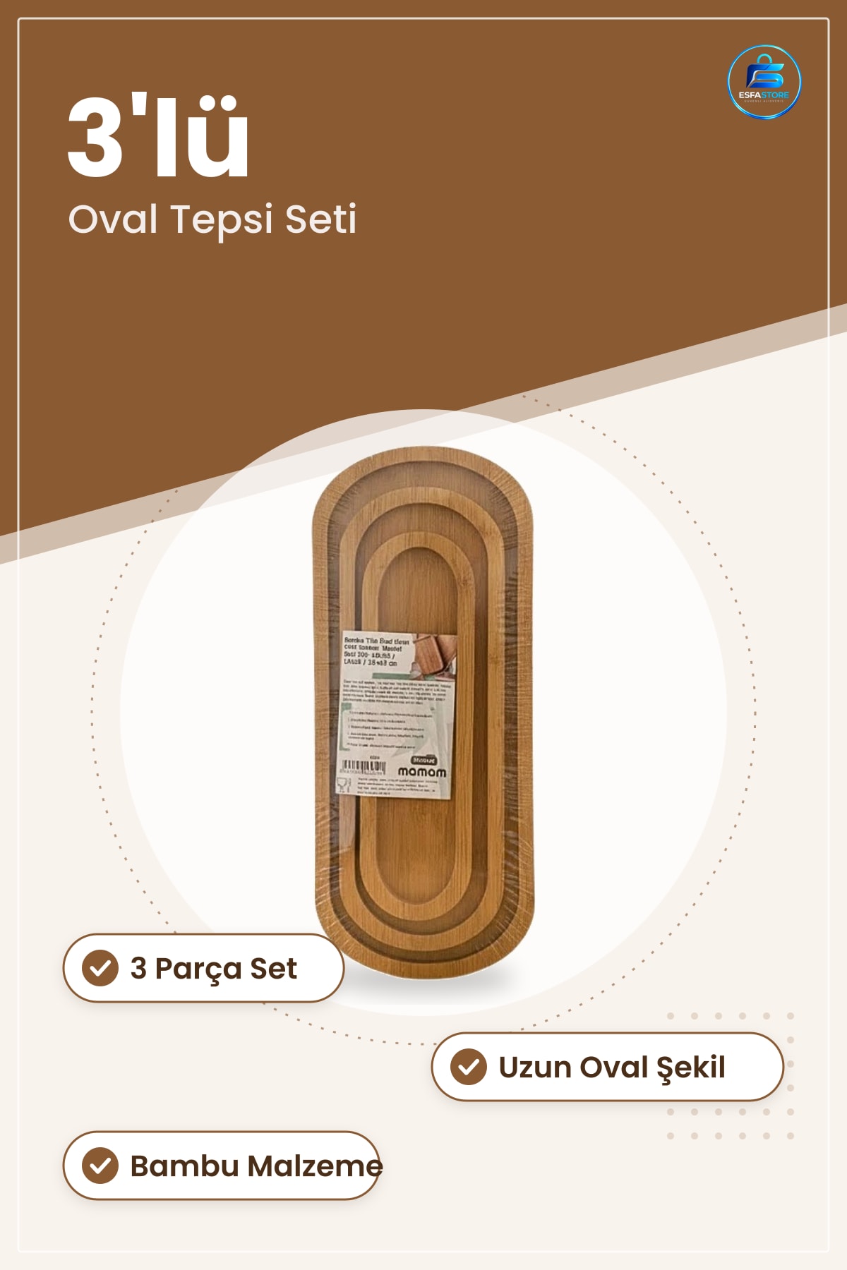 Bambu Sunum Tepsisi Uzun Oval 3 Parça Mutfak Sofra Servis Kahvaltı Dekoratif Tepsi Seti Ev