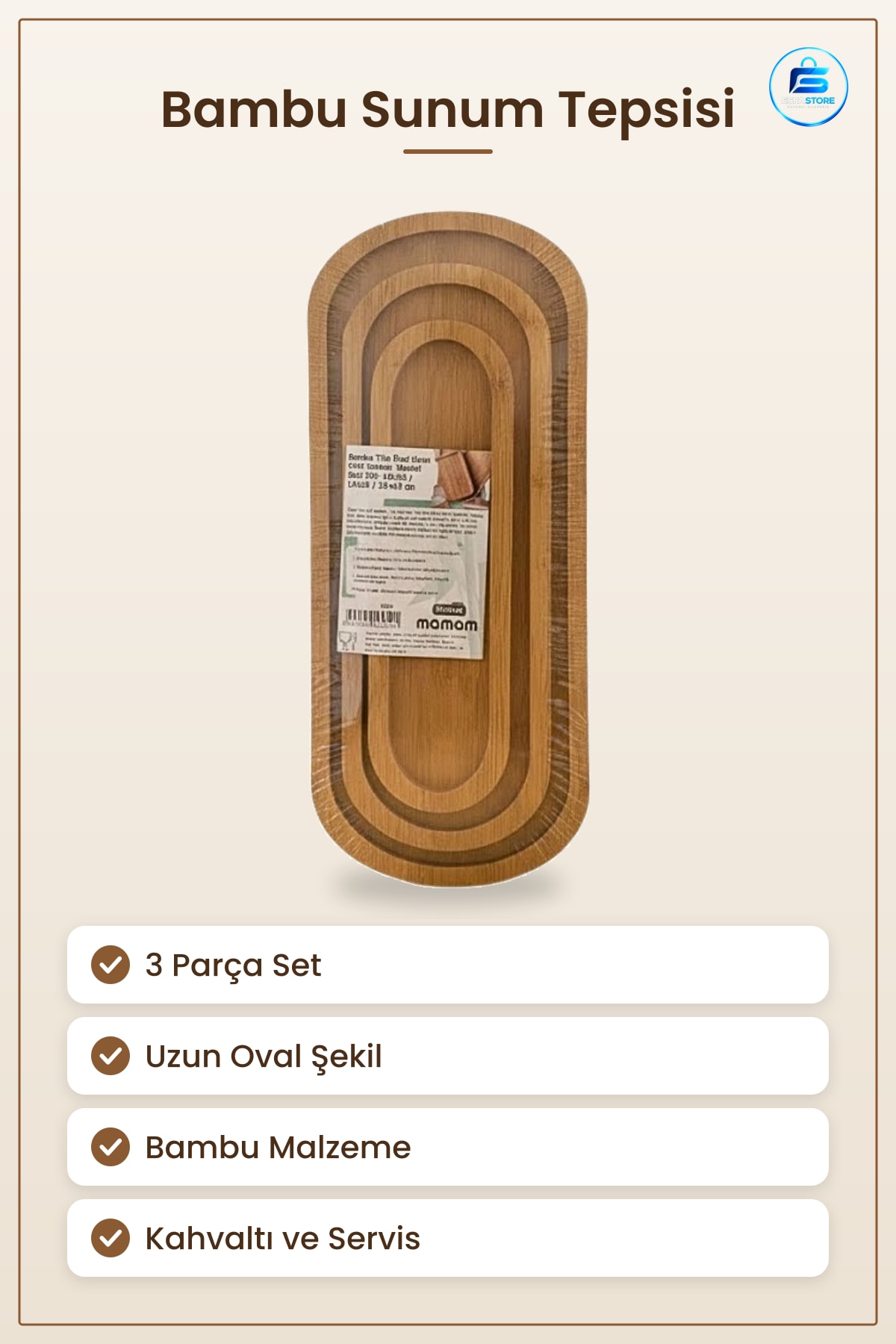 Bambu Sunum Tepsisi Uzun Oval 3 Parça Mutfak Sofra Servis Kahvaltı Dekoratif Tepsi Seti Ev