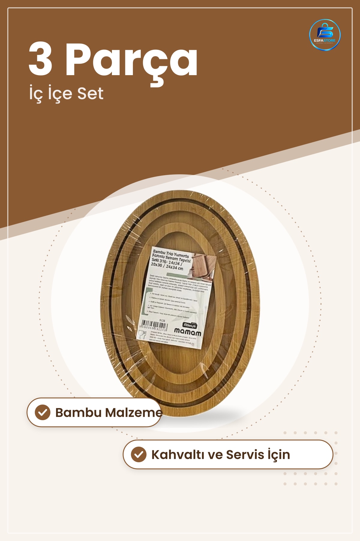 Bambu Oval Sunum Tepsisi Seti 3 Parça İç İçe Mutfak Servis Sofra Düzenleyici Kahvaltı Sunumu