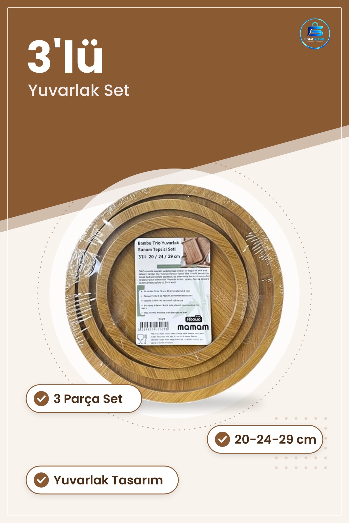Bambu Yuvarlak Sunum Tepsisi 3 Parça Set 29 cm Servis Tepsi Mutfak Sofra Çay Kahve