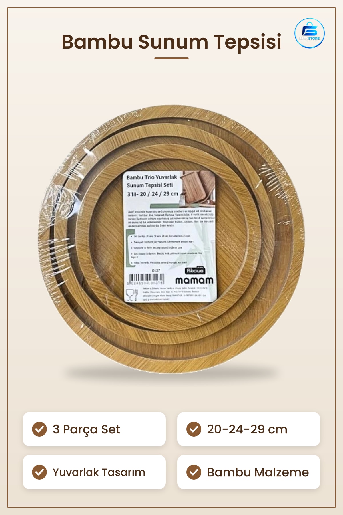 Bambu Yuvarlak Sunum Tepsisi 3 Parça Set 29 cm Servis Tepsi Mutfak Sofra Çay Kahve