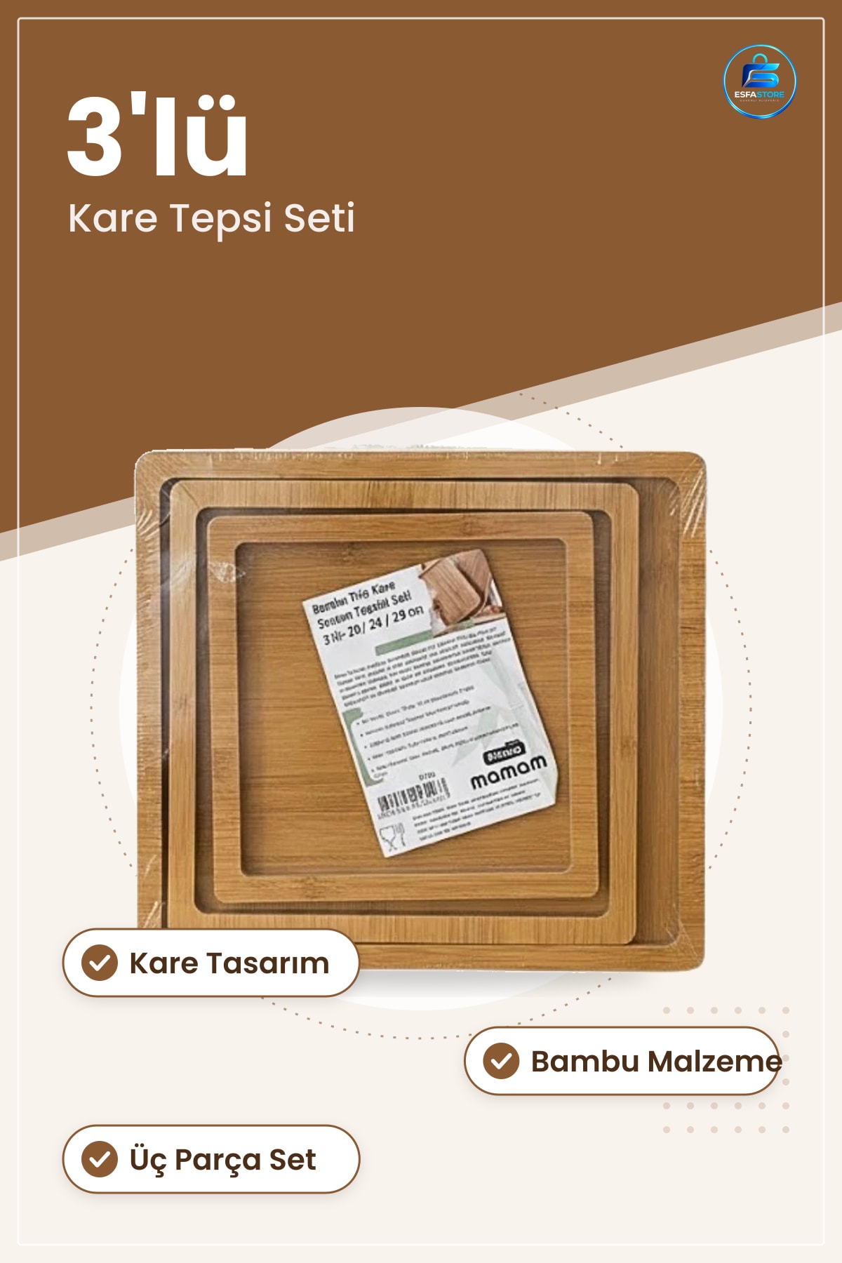 3 Parça Bambu Kare Sunum Tepsisi Seti Kahvaltı Servis Mutfak Sofra Ev Dekorasyonu Ahşap Yemek