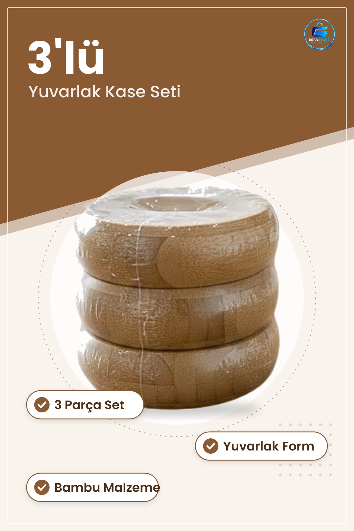 Bambu Yuvarlak Kase 3 Parça Seti Mutfak Sofra Servis Yiyecek Yemek Günlük Kullanım