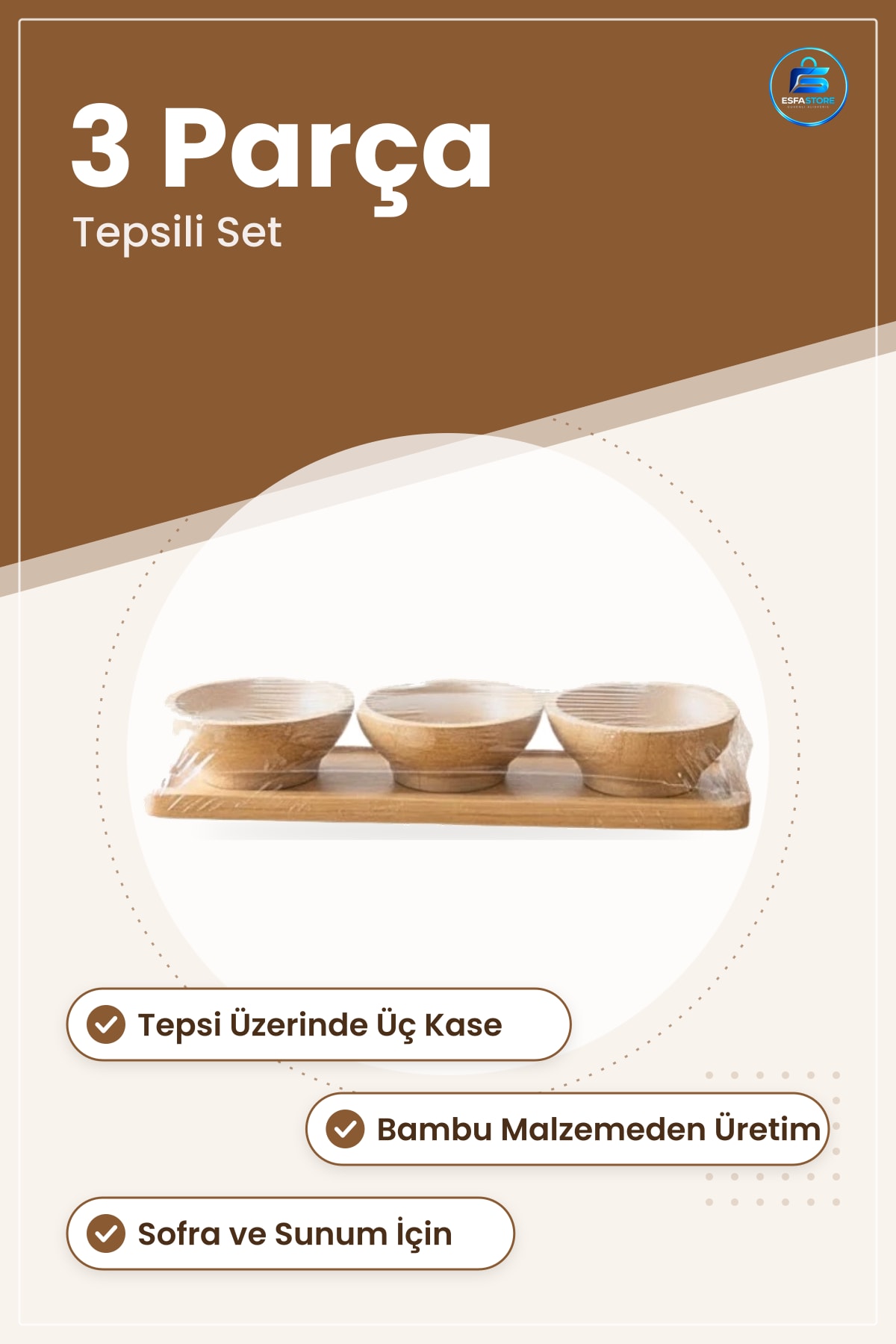 Bambu Sosluk Kase Seti 3 Parça Tepsili Doğal Ahşap Görünümlü Mutfak Sofra Sunum Kasesi