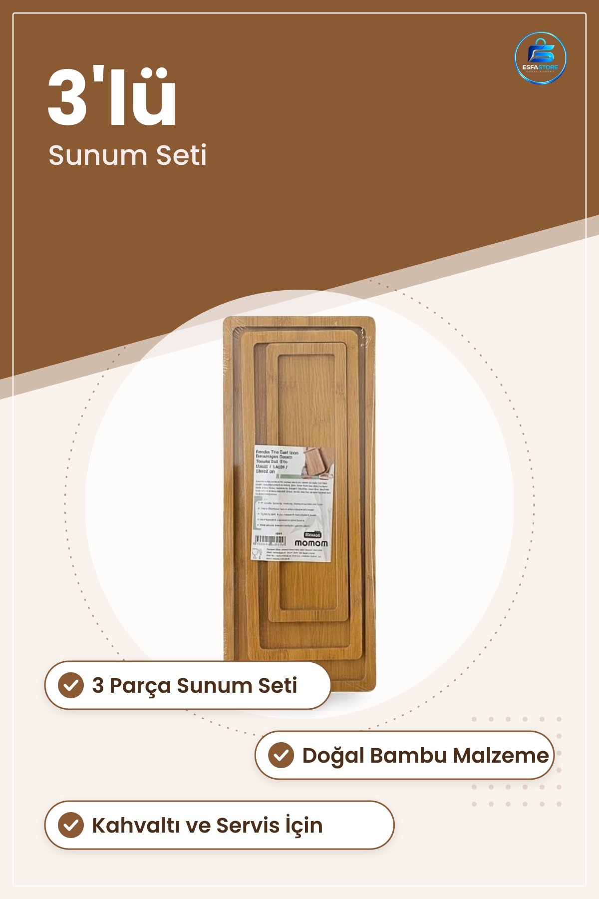 Bambu Uzun Form Tepsi 3'lü Sunum Seti Doğal Görünüm Servis Mutfak Kahvaltı Sofra Dekoratif