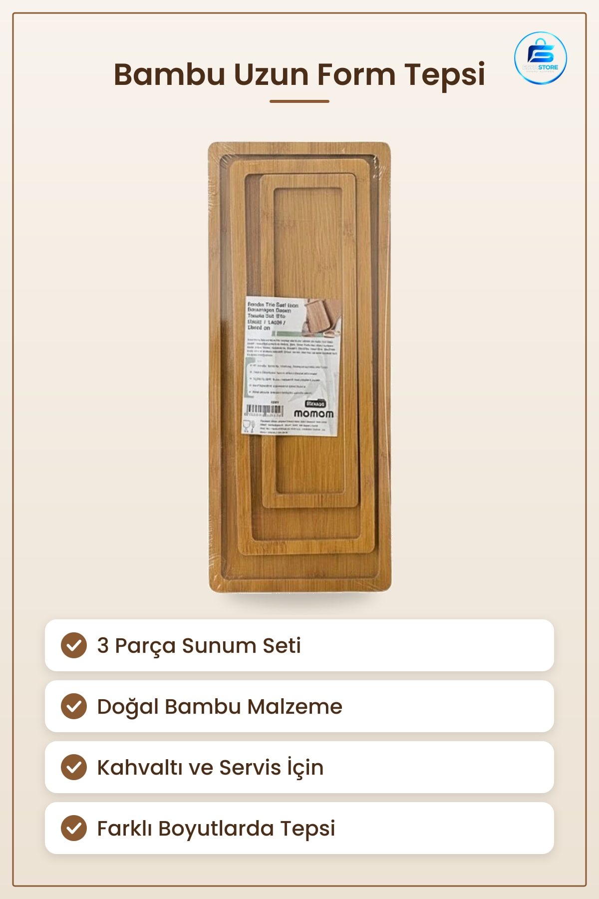 Bambu Uzun Form Tepsi 3'lü Sunum Seti Doğal Görünüm Servis Mutfak Kahvaltı Sofra Dekoratif