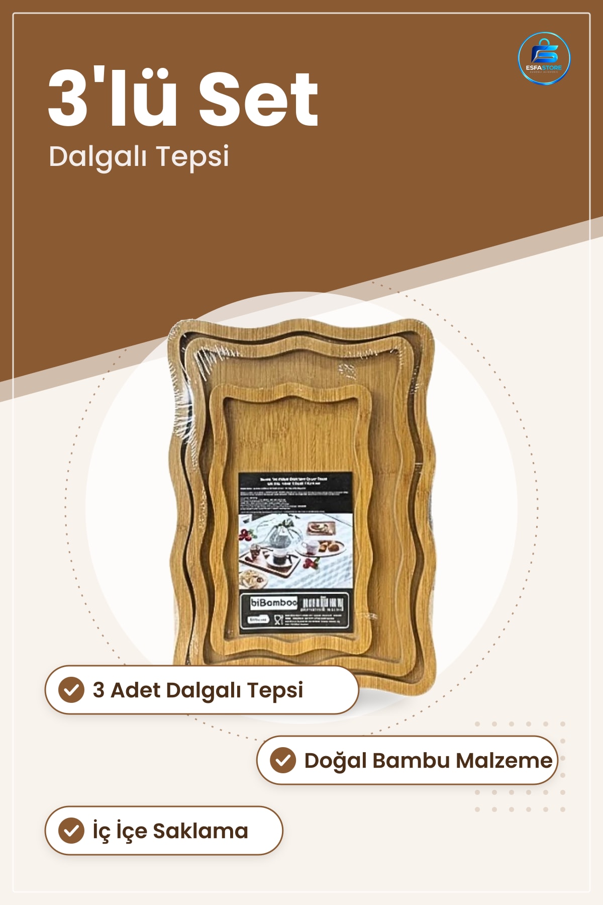 Bambu Dalgalı Sunum Tepsi Seti 3lü Doğal Görünümlü Servis Tepsisi Mutfak Sofra Dekoratif