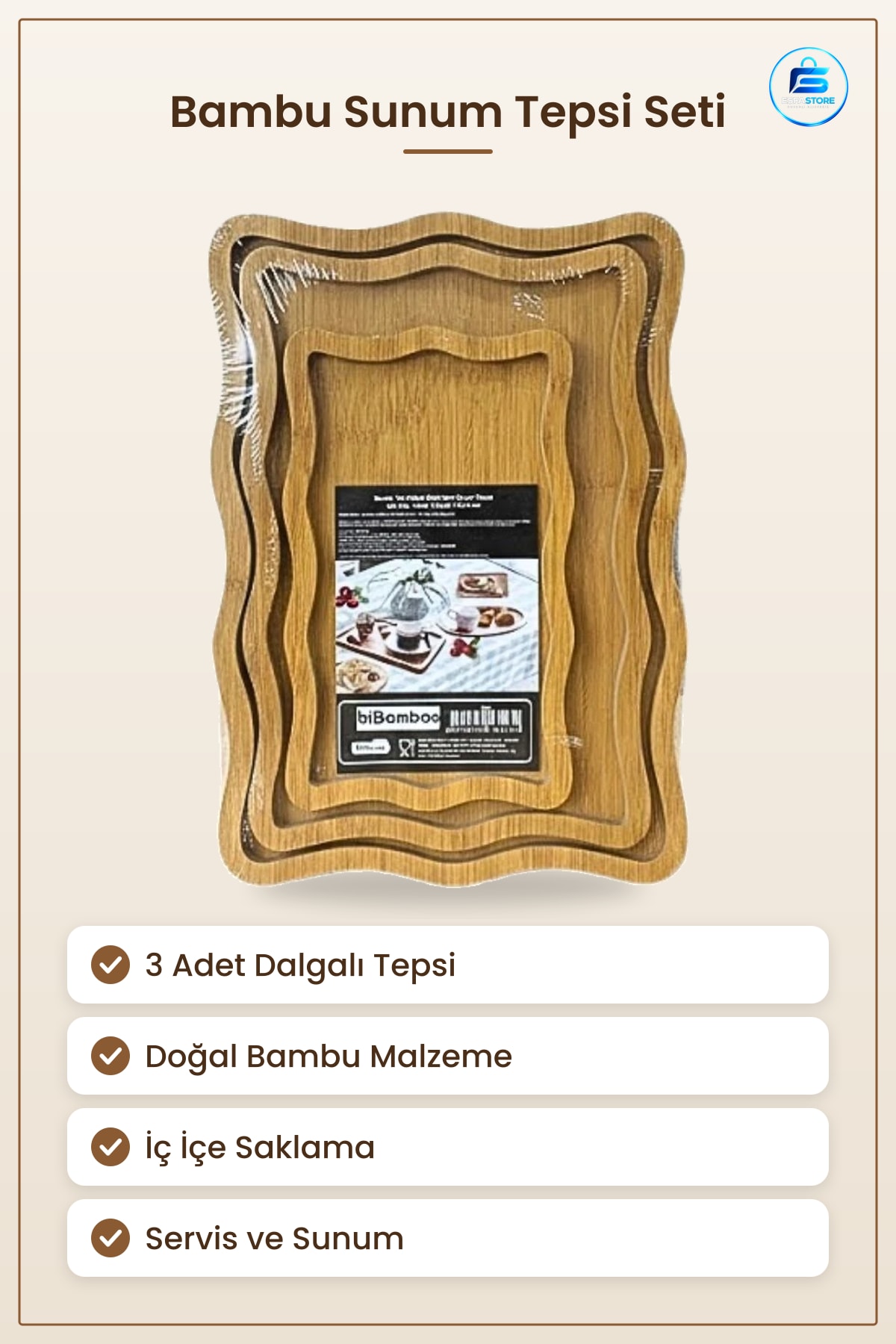Bambu Dalgalı Sunum Tepsi Seti 3lü Doğal Görünümlü Servis Tepsisi Mutfak Sofra Dekoratif