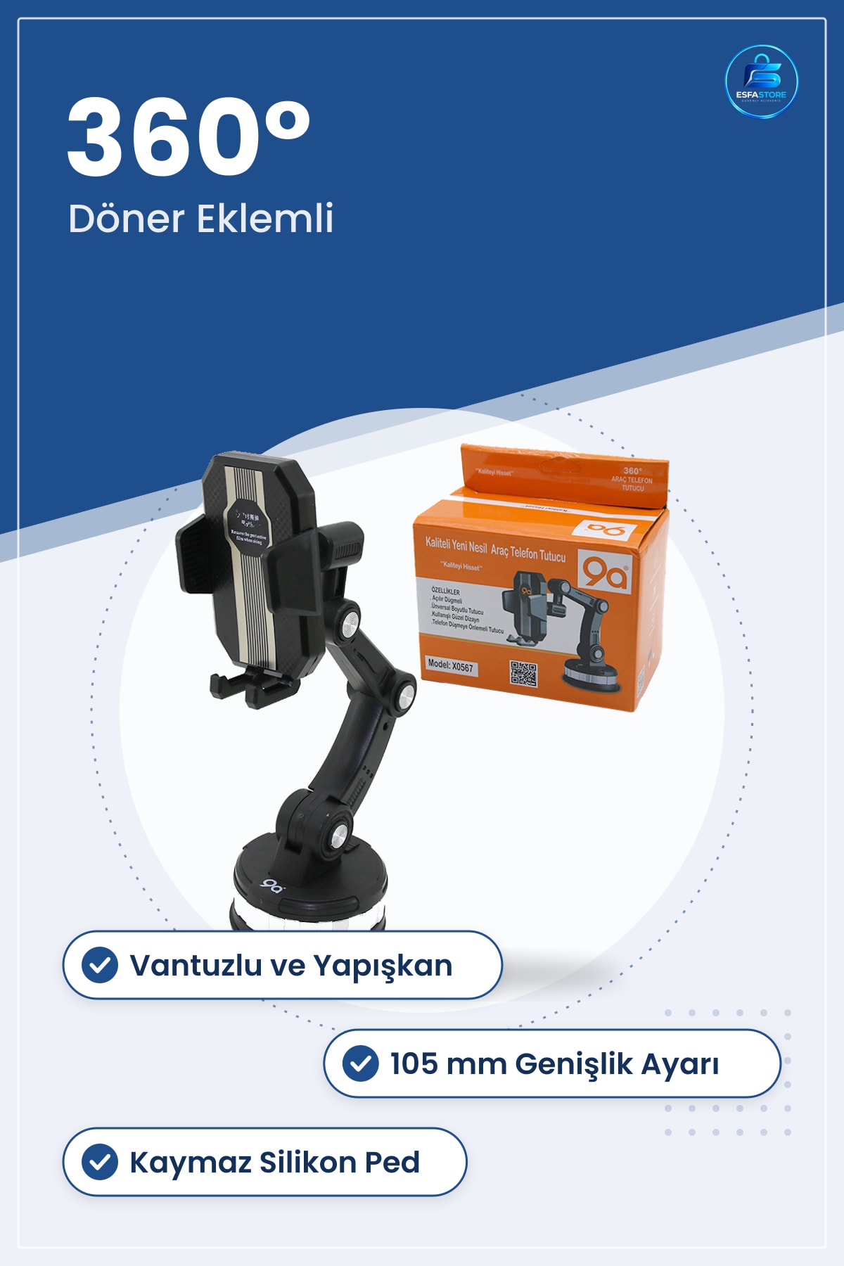 Araç İçi Telefon Tutucu ° Döner Eklemli Vantuzlu ila 105 mm Genişlik Ayarlı Bardak Uyumlu