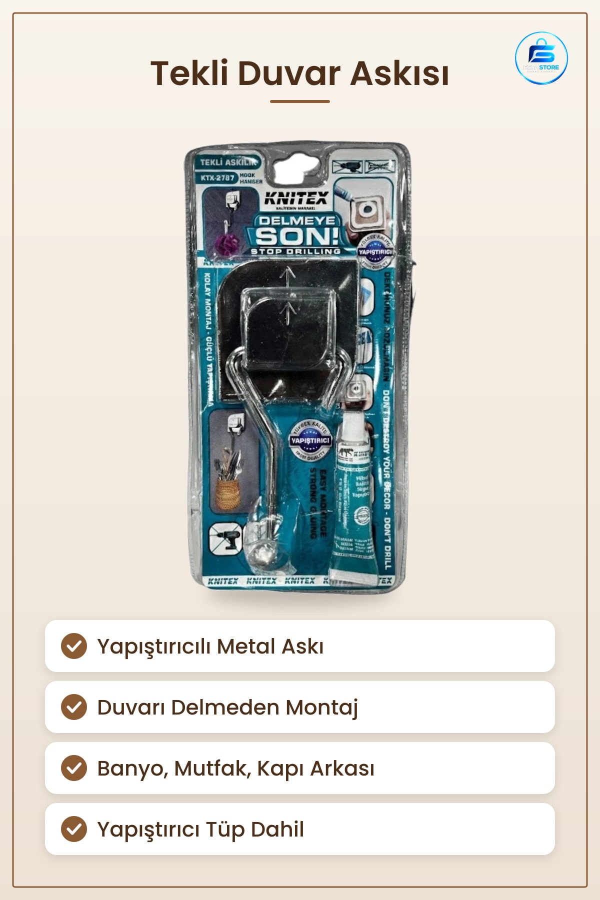 Tekli Askı Delmeden Yapıştırıcılı Metal Duvar Askısı Banyo Mutfak Kapı Arkası Düzenleyici Askılık