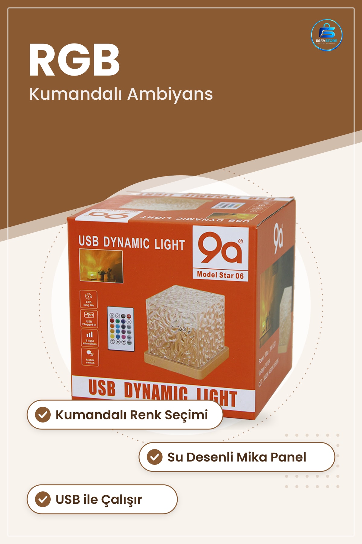 Masa ve Gece Lambası USB RGB Kumandalı Su Desenli 9.5x9.5x11.5 cm Ambiyans Aydınlatma Yatak Odası