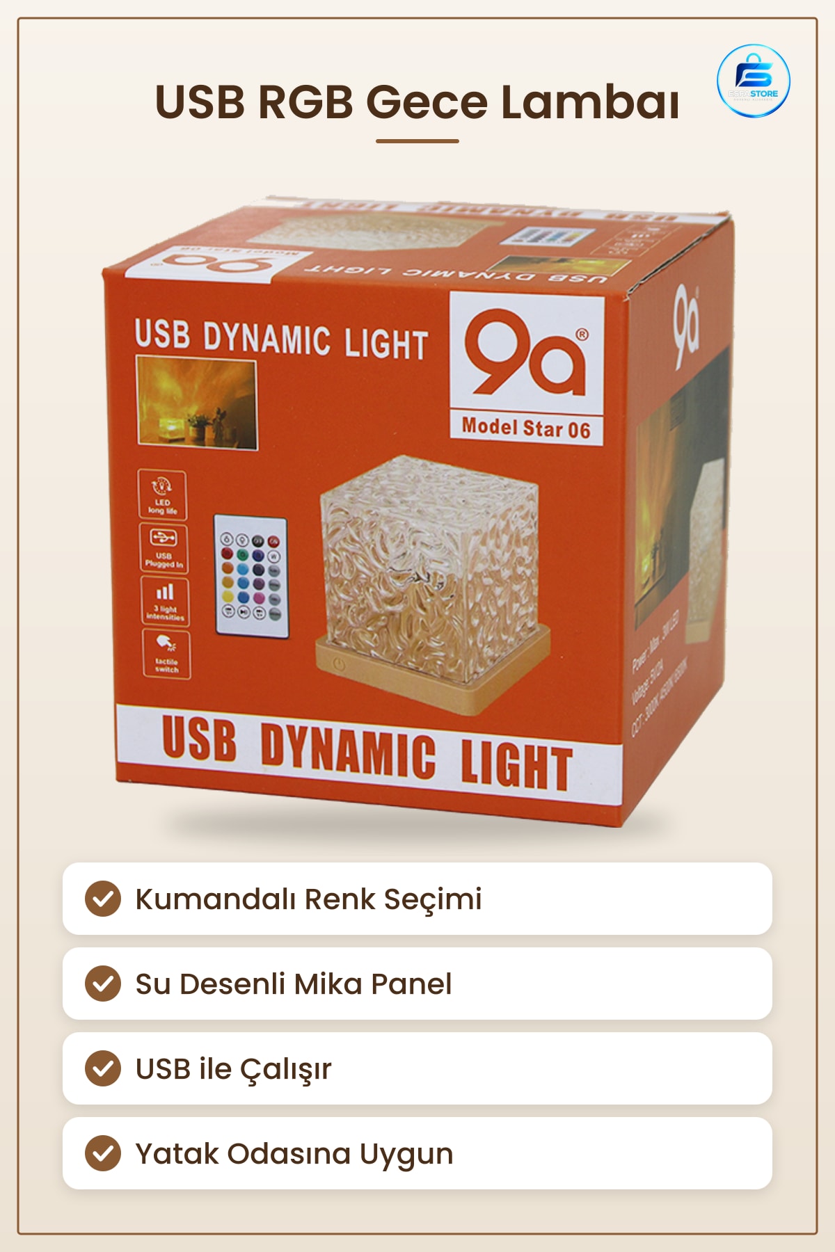 Masa ve Gece Lambası USB RGB Kumandalı Su Desenli 9.5x9.5x11.5 cm Ambiyans Aydınlatma Yatak Odası