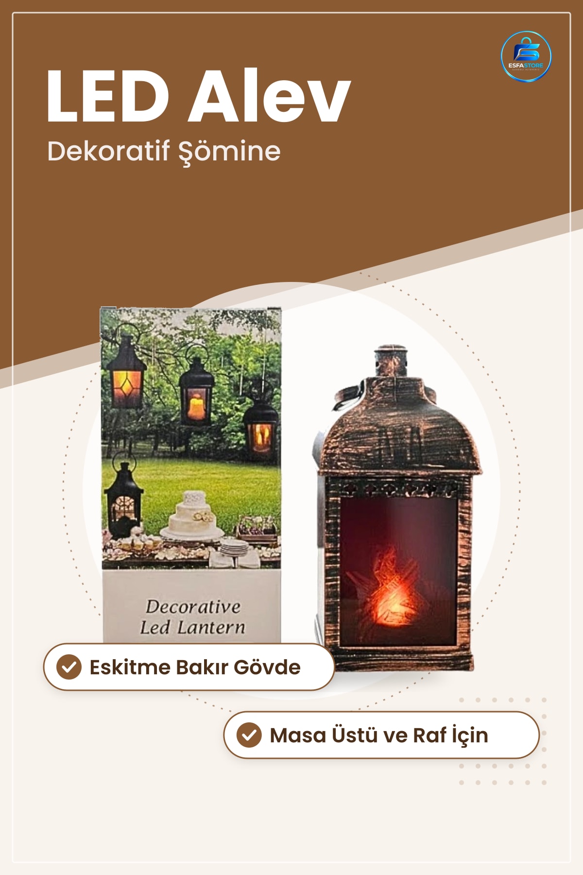 Küçük Dekoratif Şömine LED Alevli Fener Obje Biblo Ev Dekorasyonu Masa Üstü Süs Işıklı Ofis