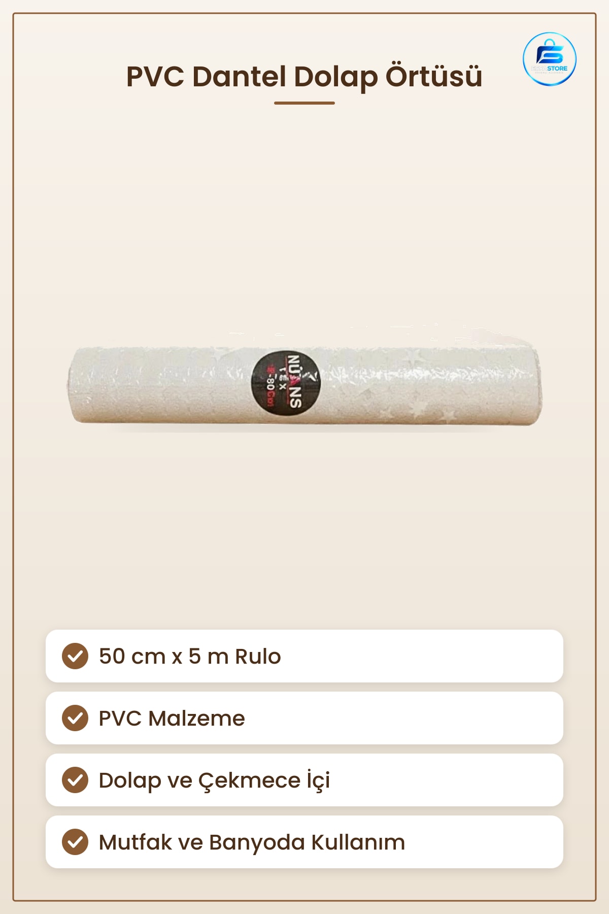 PVC Dantel Dolap Örtüsü 50 cm x 5 m Mutfak Çekmece ve Raf Kaplama Düzenleyici Dekoratif