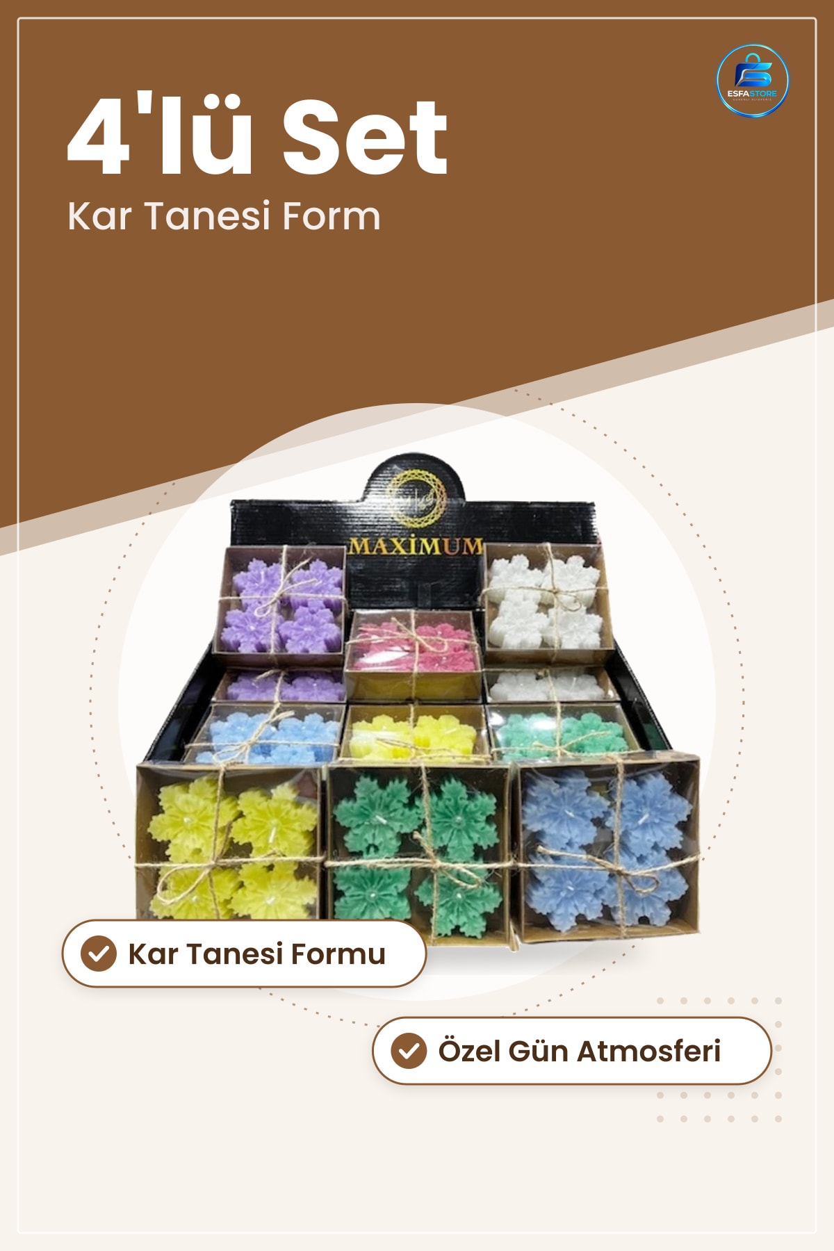 Kar Tanesi Şekilli Dekoratif Mum 4'lü Set Ev Dekorasyonu İçin Özel Gün Atmosfer Aydınlatma