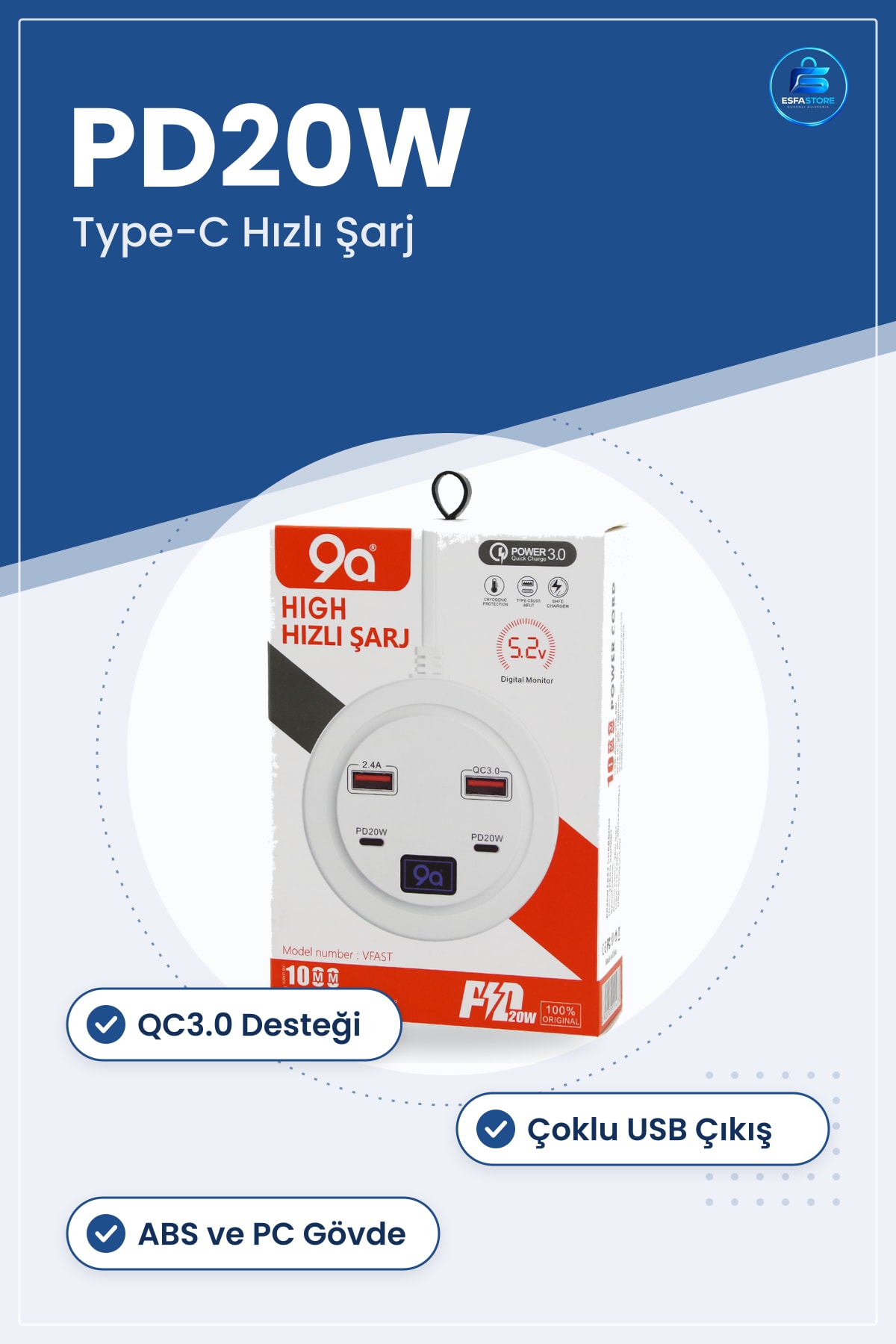 Hızlı Şarj Aleti PD20W Type C QC3.0 USB Çoklu Çıkış Akıllı Telefon Tablet Uyumlu ABS PC Gövde