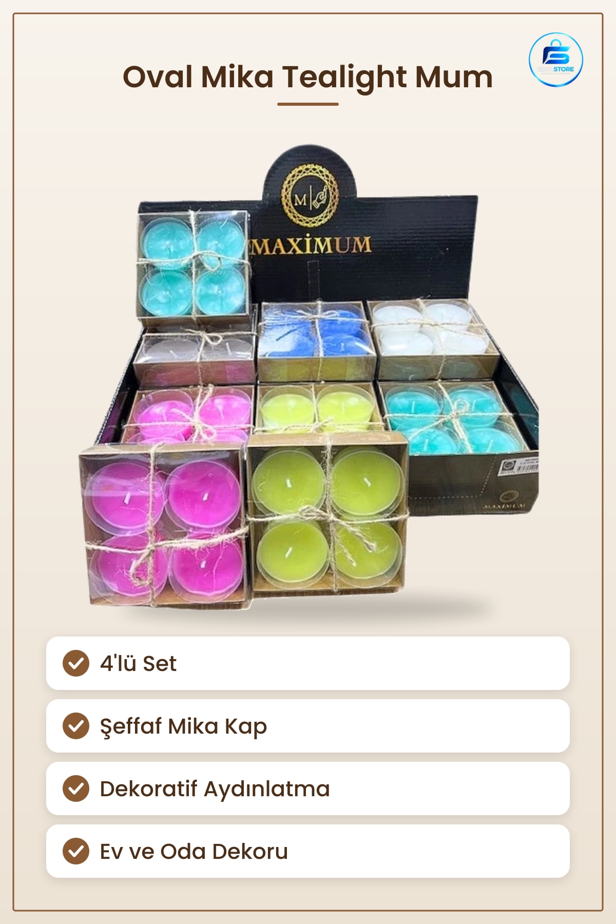Oval Mika 4'lü Dekoratif Tealight Mum Seti Ev ve Oda Dekorasyonu İçin Kandil Aydınlatma