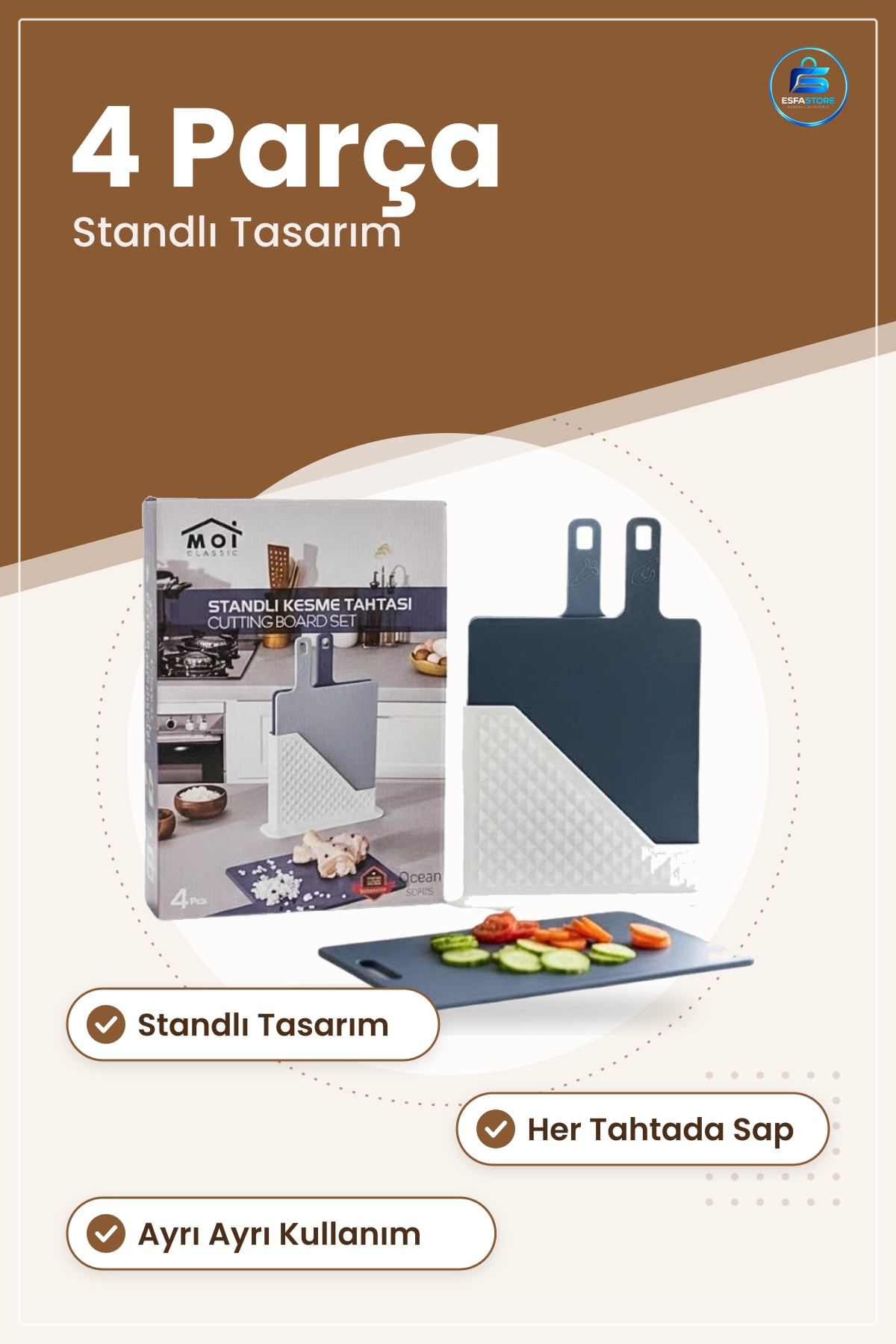 Saplı Kesim Panosu 4 Parça Standlı Kesme Tahtası Seti Mutfak Doğrama ve Servis için Pratik