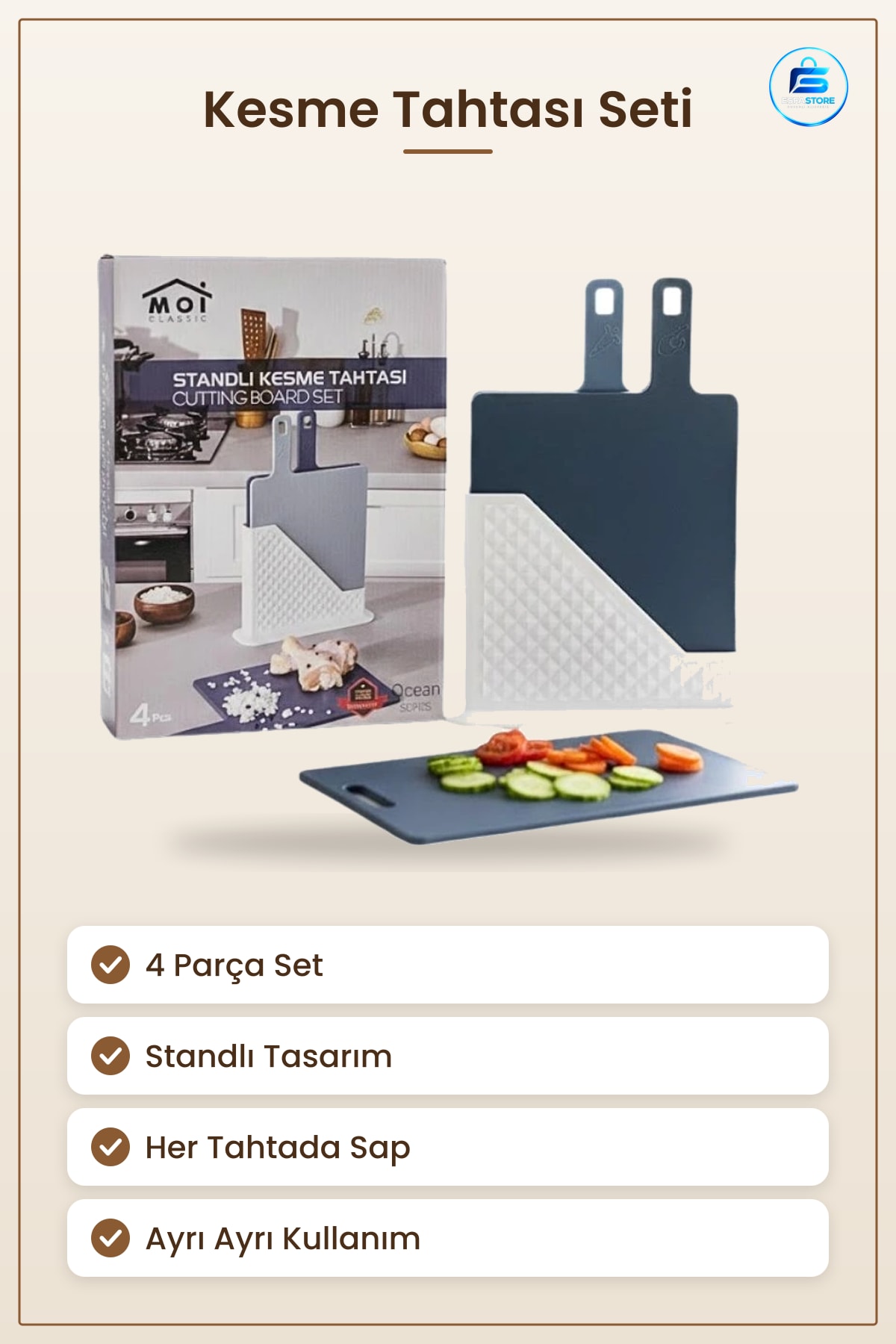 Saplı Kesim Panosu 4 Parça Standlı Kesme Tahtası Seti Mutfak Doğrama ve Servis için Pratik