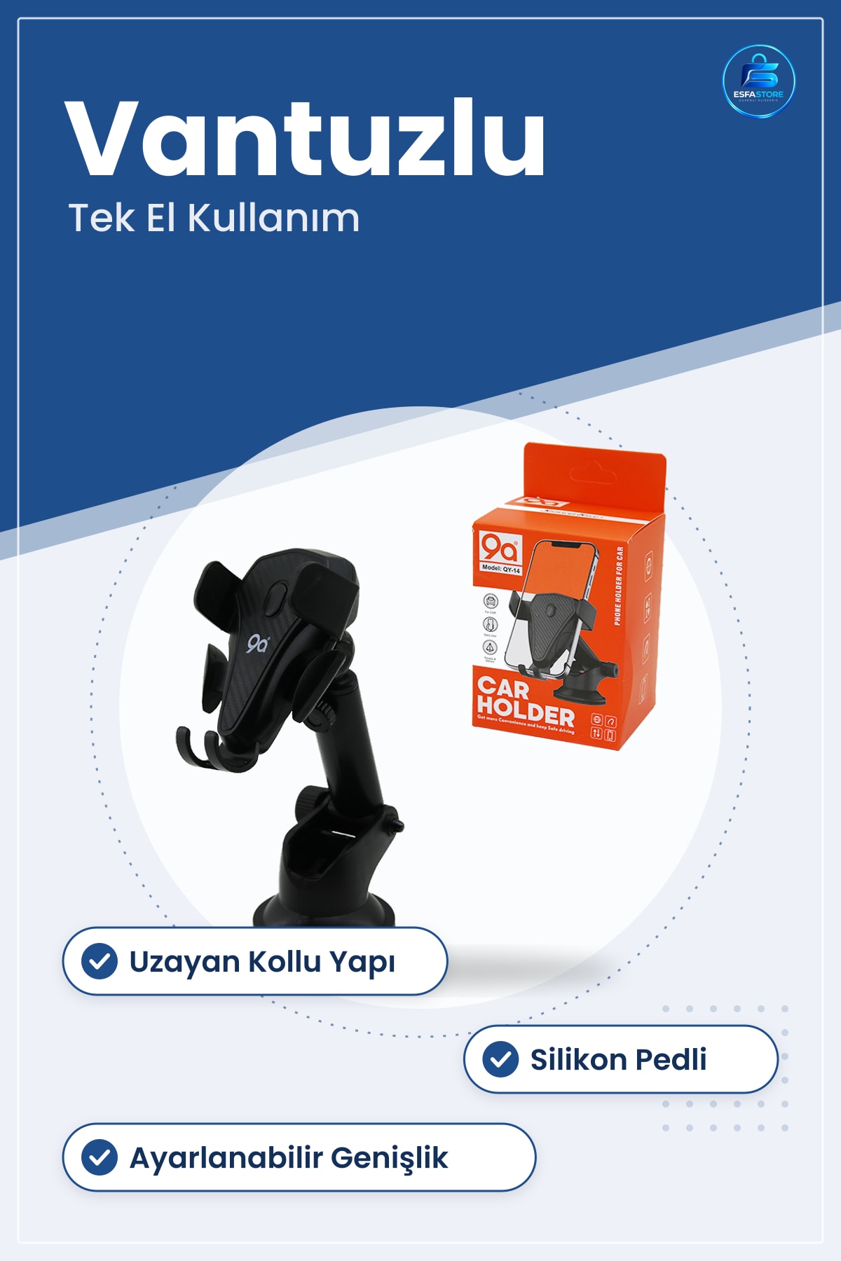 Araç İçi Telefon Tutucu Vantuzlu Uzayan Kollu Ayarlanabilir Genişlik Derece ABS Silikon Pedli