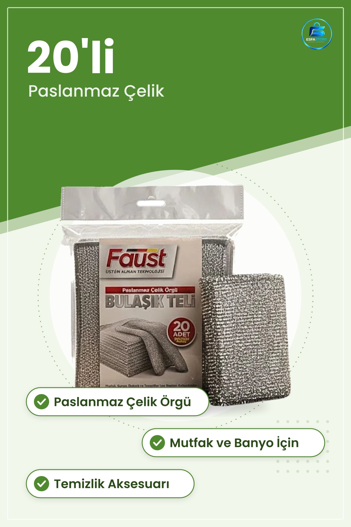 Tel Bez Seti 20'li Paslanmaz Çelik Bulaşık Süngeri Mutfak Banyo Temizlik Aksesuarı