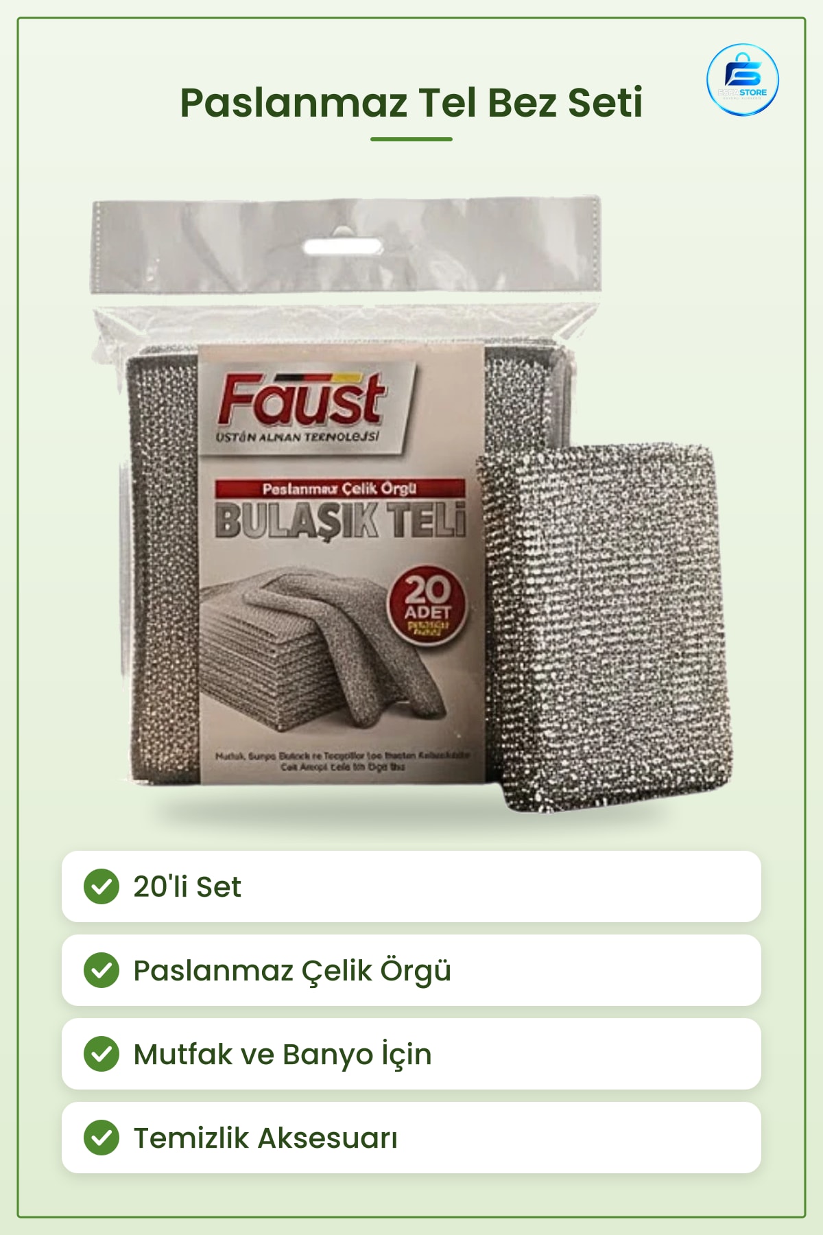 Tel Bez Seti 20'li Paslanmaz Çelik Bulaşık Süngeri Mutfak Banyo Temizlik Aksesuarı