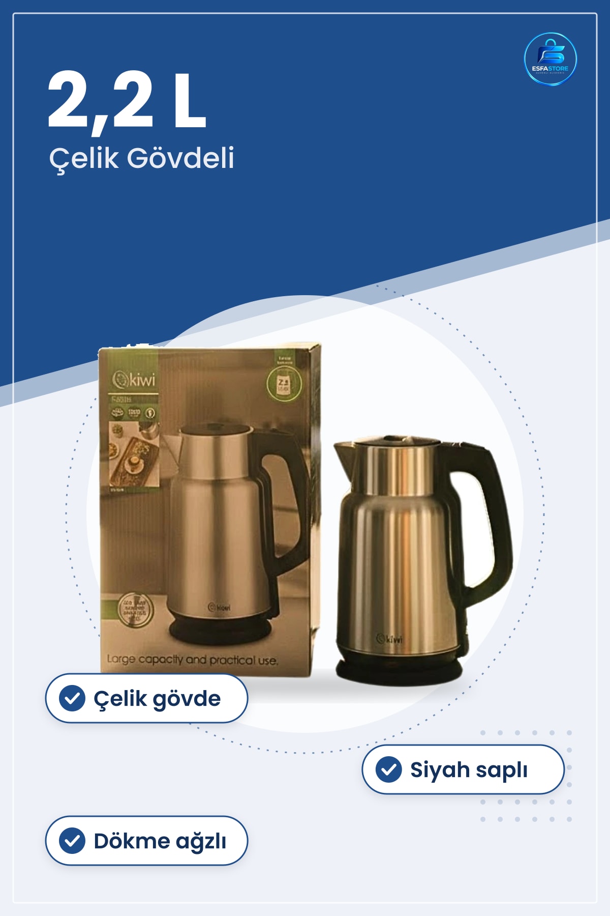 Su Isıtıcı Kettle 2,2 L Çelik Gövdeli Siyah Saplı Elektrikli Çay ve İçecek Suyu Isıtma Mutfak