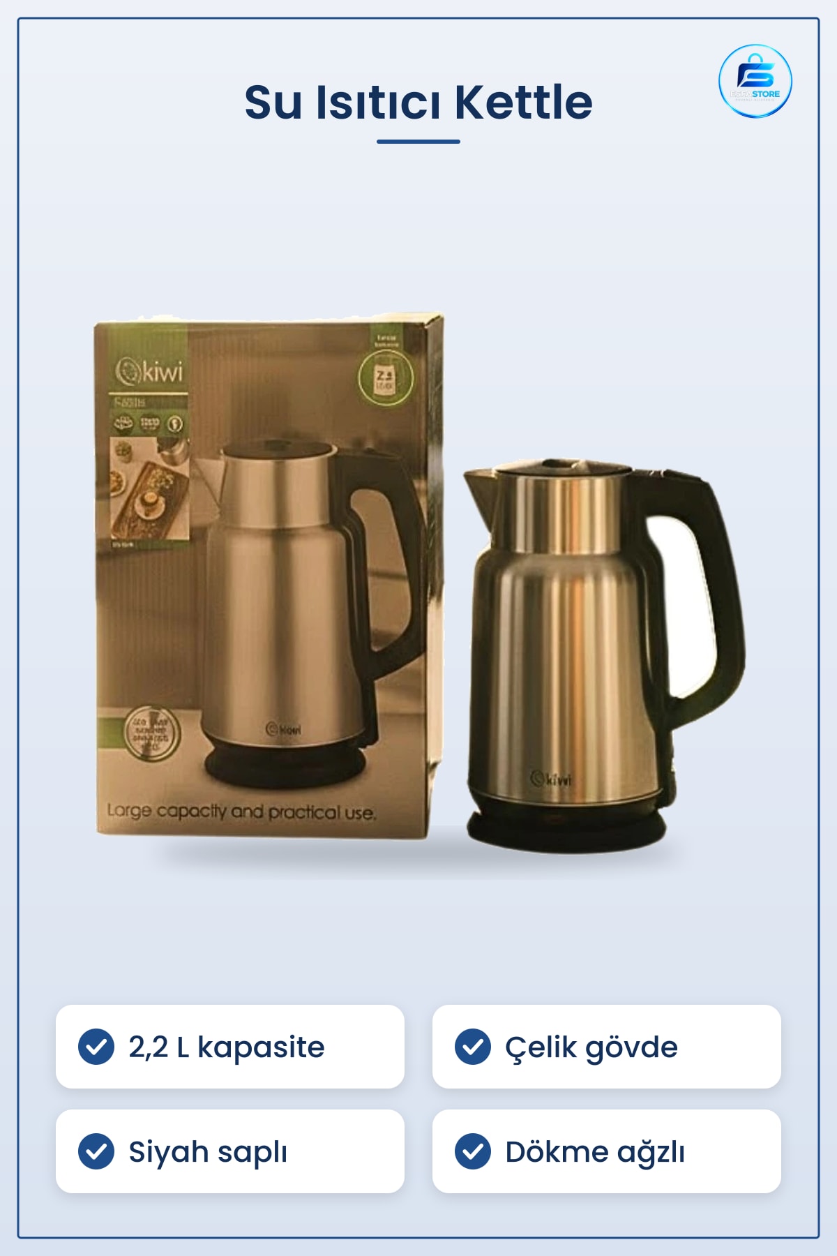 Su Isıtıcı Kettle 2,2 L Çelik Gövdeli Siyah Saplı Elektrikli Çay ve İçecek Suyu Isıtma Mutfak