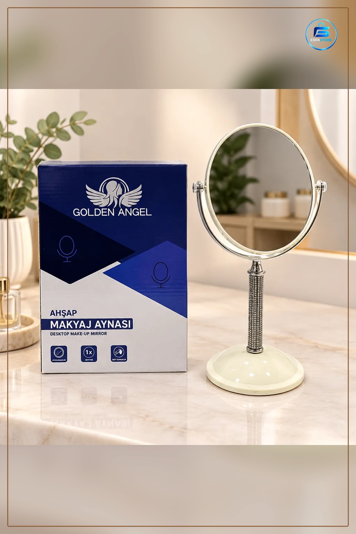 Ayaklı Makyaj Aynası Masaüstü Döner Krom Çerçeveli Kozmetik Ayna Tuvalet Masası Banyo