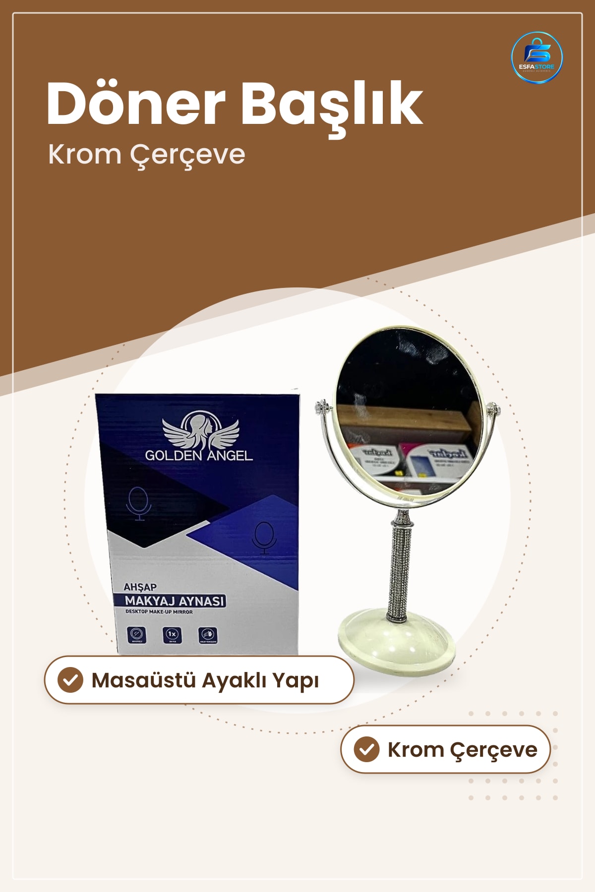 Ayaklı Makyaj Aynası Masaüstü Döner Krom Çerçeveli Kozmetik Ayna Tuvalet Masası Banyo