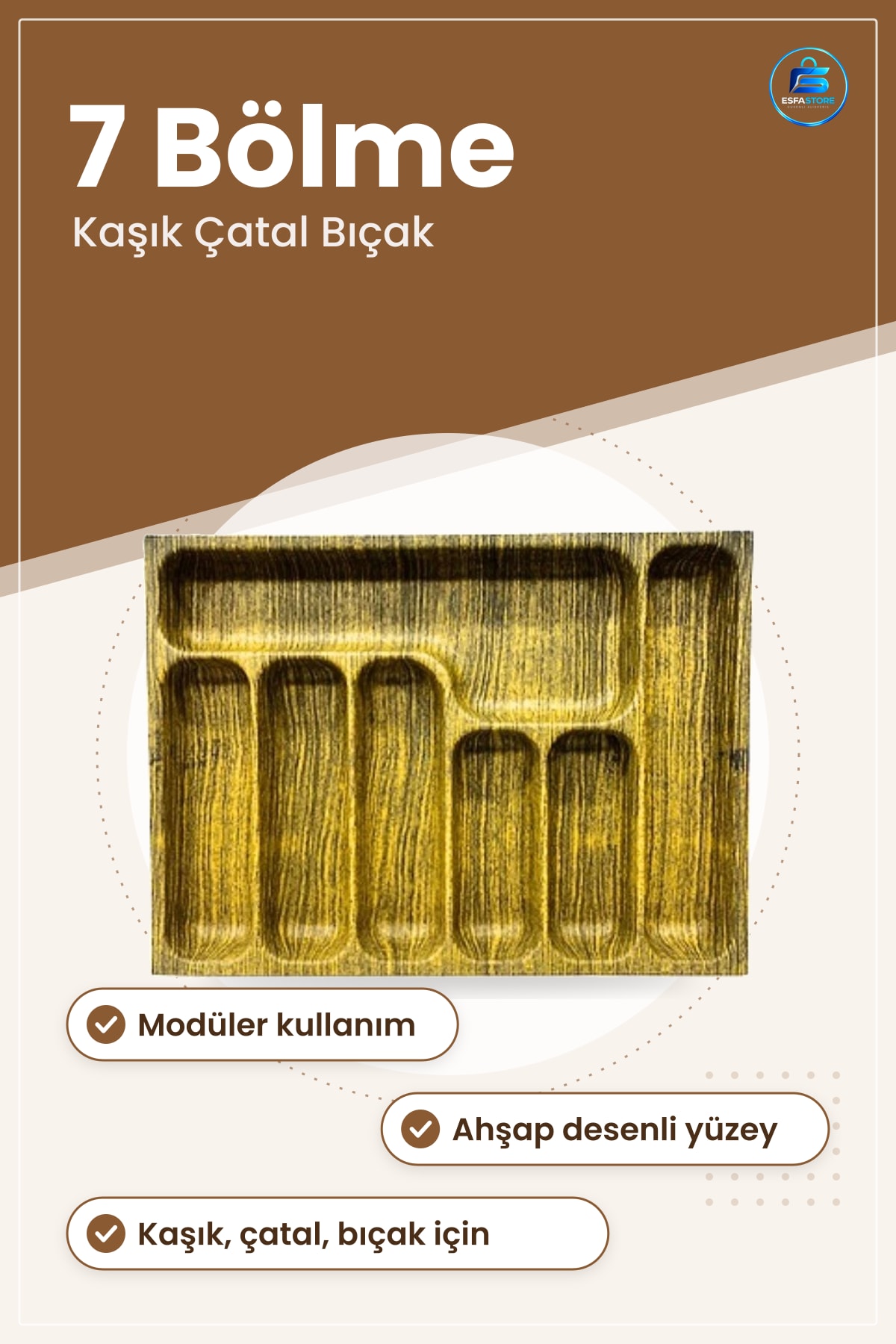 Kaşıklık 7 Bölmeli Modüler Ahşap Desenli Mutfak Çekmecesi Düzenleyici Kaşık Çatal Bıçak Tepsisi
