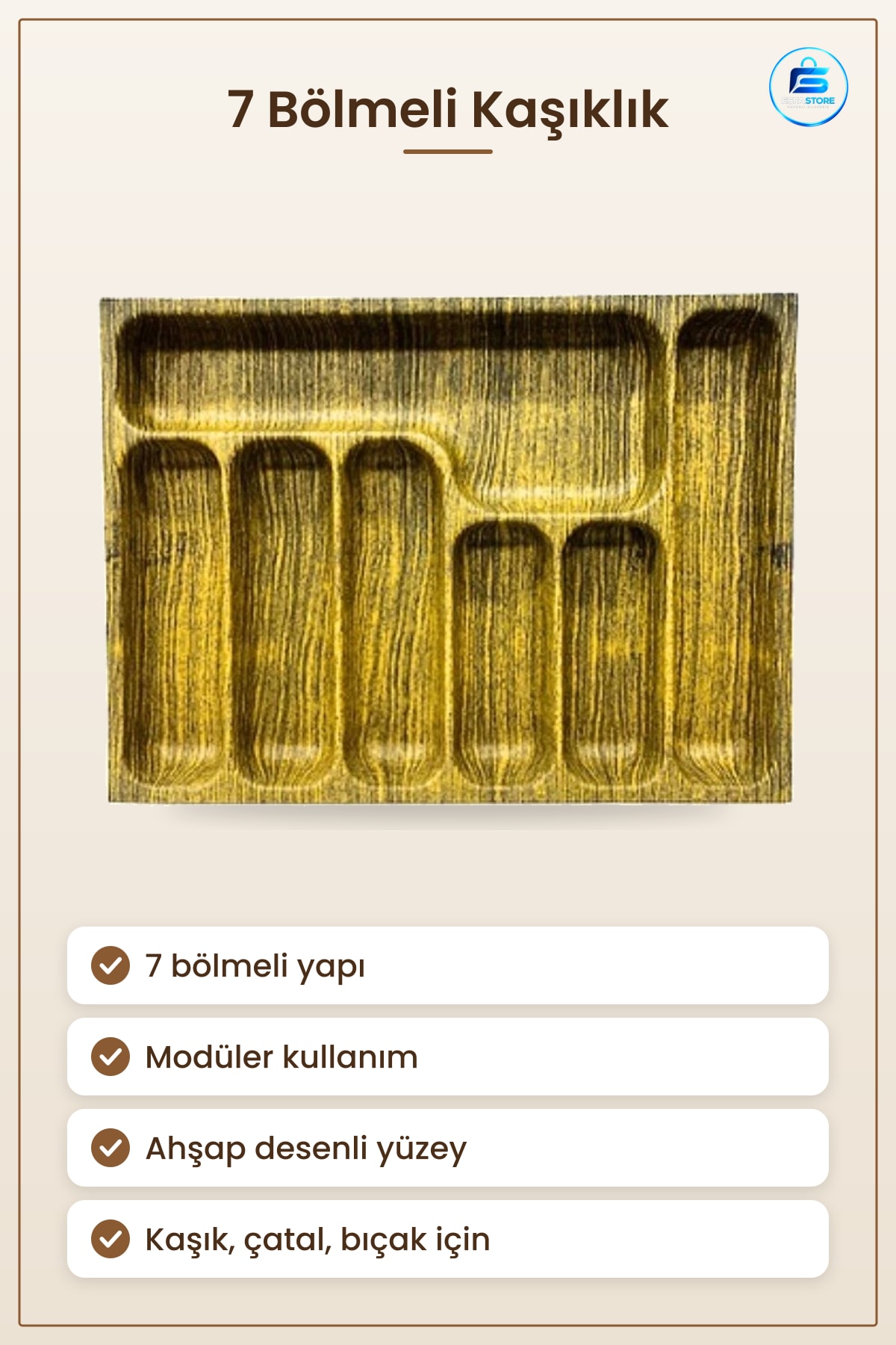 Kaşıklık 7 Bölmeli Modüler Ahşap Desenli Mutfak Çekmecesi Düzenleyici Kaşık Çatal Bıçak Tepsisi