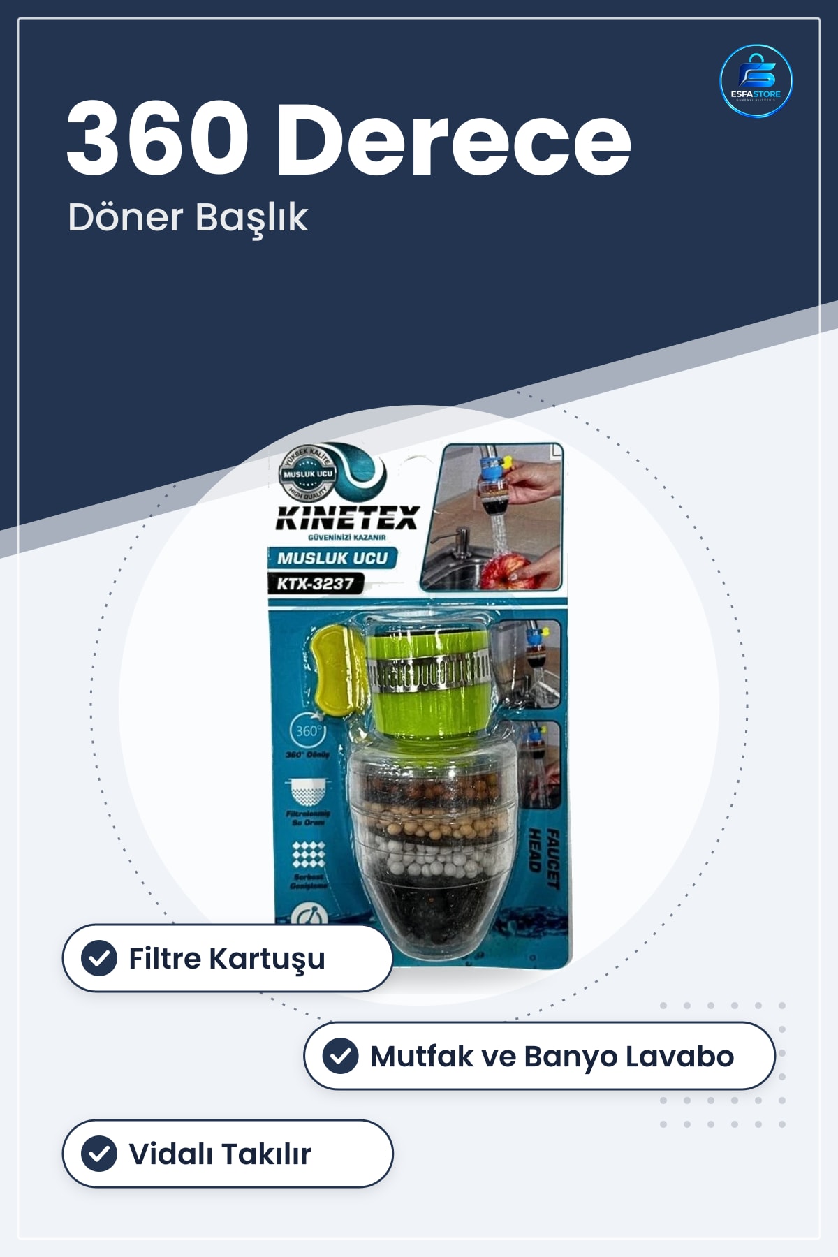 Musluk Ucu Filtreli Döner Başığı Derece Mutfak Banyo Lavabo Su Filtre Kartuşlu Kullanışlı