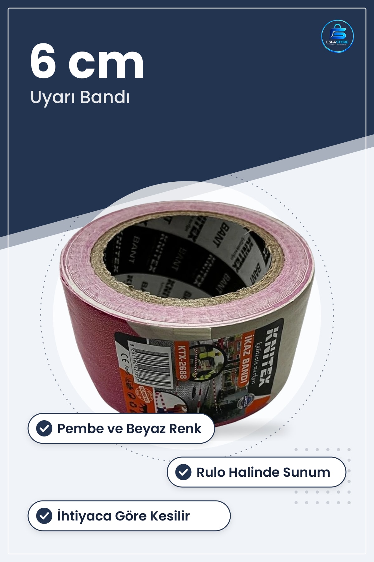 İkaz Bandı 6 cm Pembe Beyaz Uyarı İşaretleme Aydınlık Yapışkanlı İş Güvenliği Kutu Ambalajı Taşıma