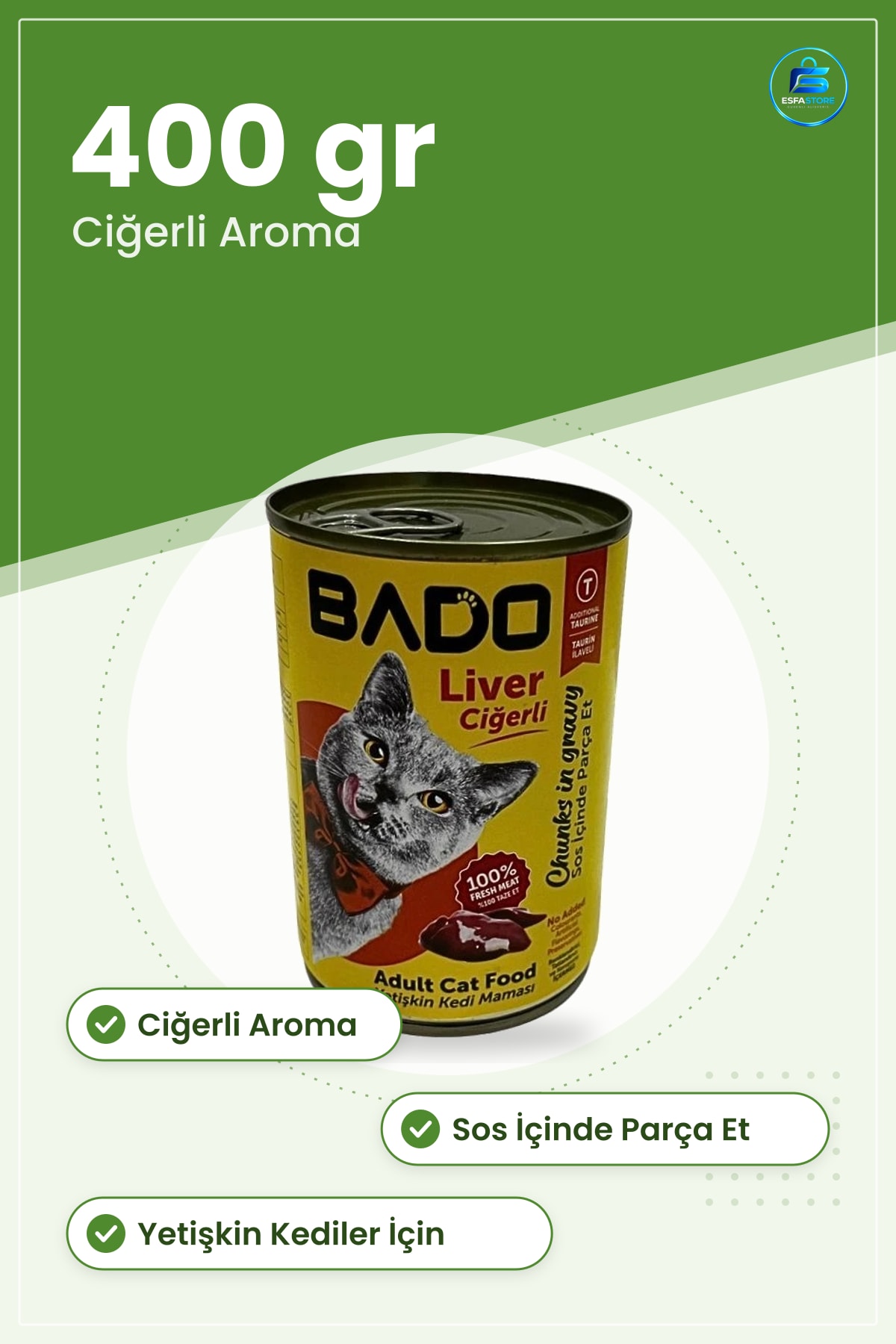 Kedi Konserve Maması Ciğerli 400 gr Yetişkin Kediler İçin Sos İçinde Parça Et Taurinli