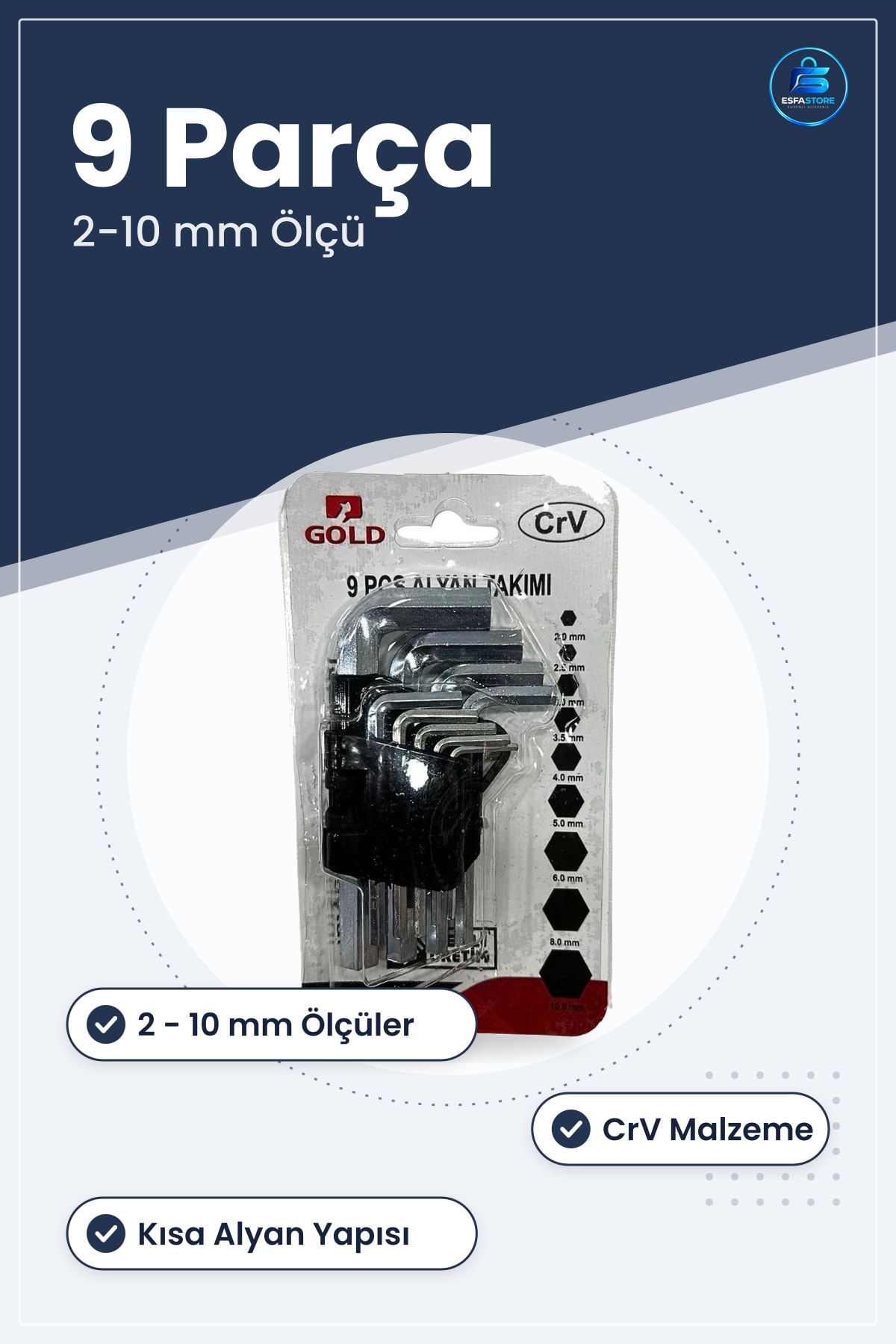 Alyan Anahtar Takımı Kısa CrV 9 Parça Hırdavat Manuel El Aleti Seti 2 mm 10 Altıgen