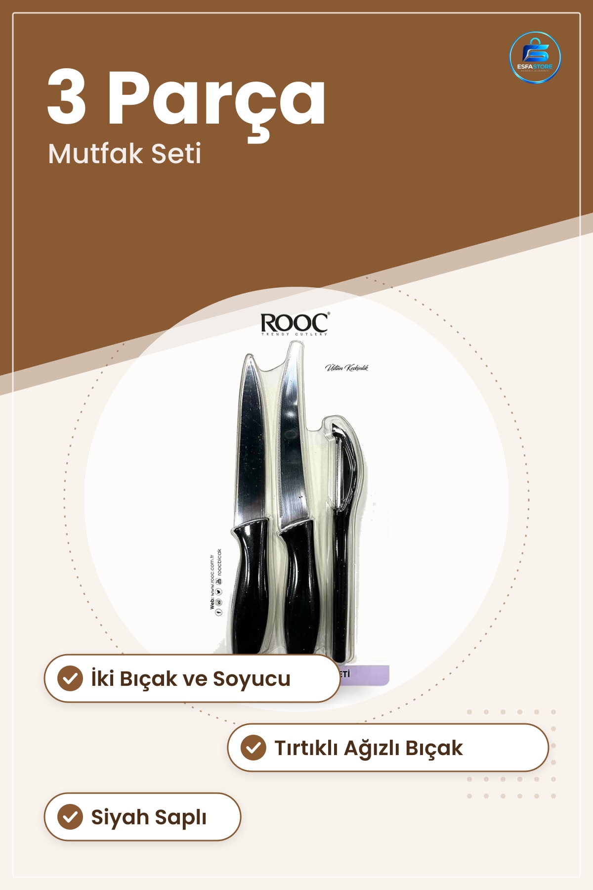 Soyacaklı Bıçak Seti 3 Parça Mutfak Bıçağı Sebze Meyve Soyucu Yemek Hazırlık Ev Siyah Saplı