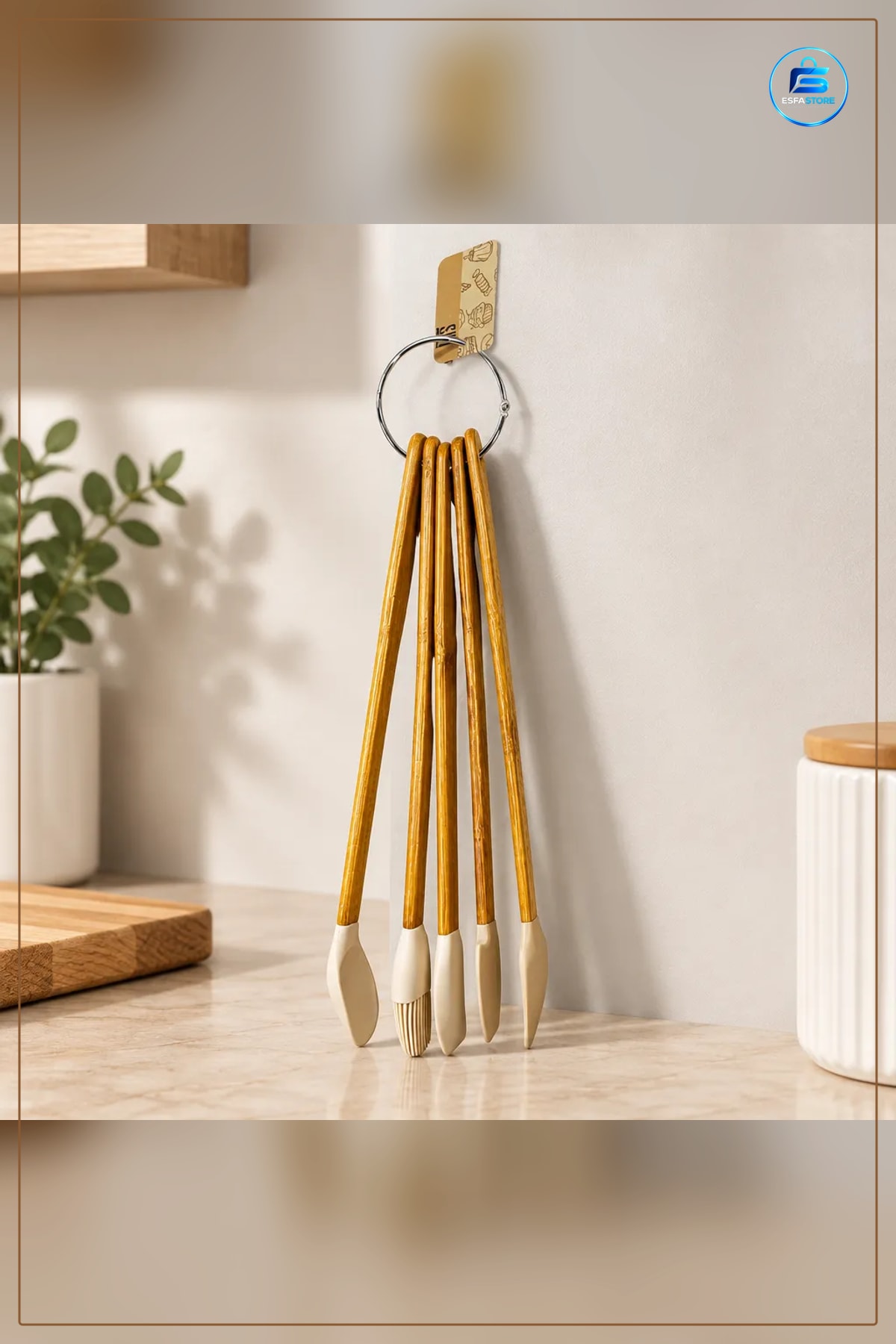 Silikon Mutfak Seti 5 Parça Bambu Saplı Spatula Fırça Kaşık Pasta Hamur Aleti Halkalı Asılabilir