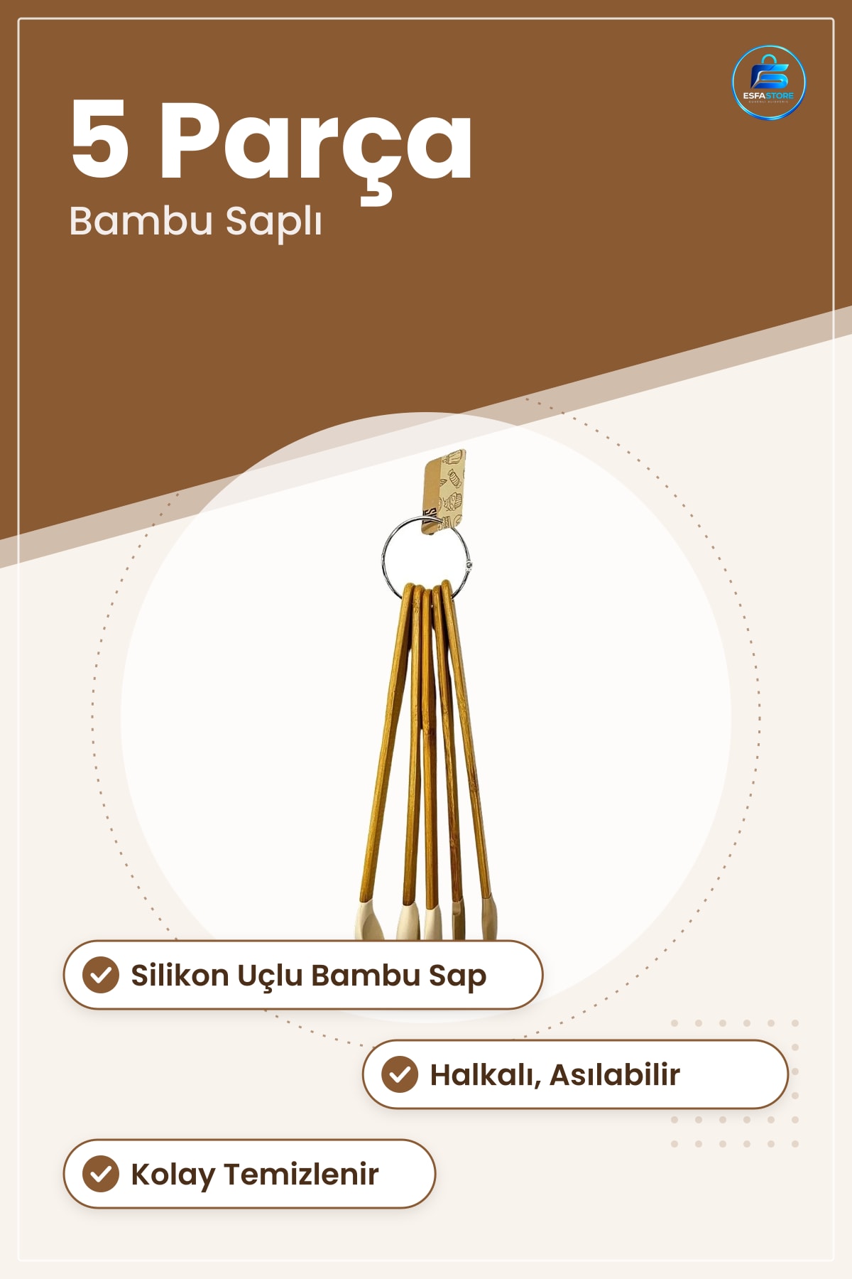 Silikon Mutfak Seti 5 Parça Bambu Saplı Spatula Fırça Kaşık Pasta Hamur Aleti Halkalı Asılabilir