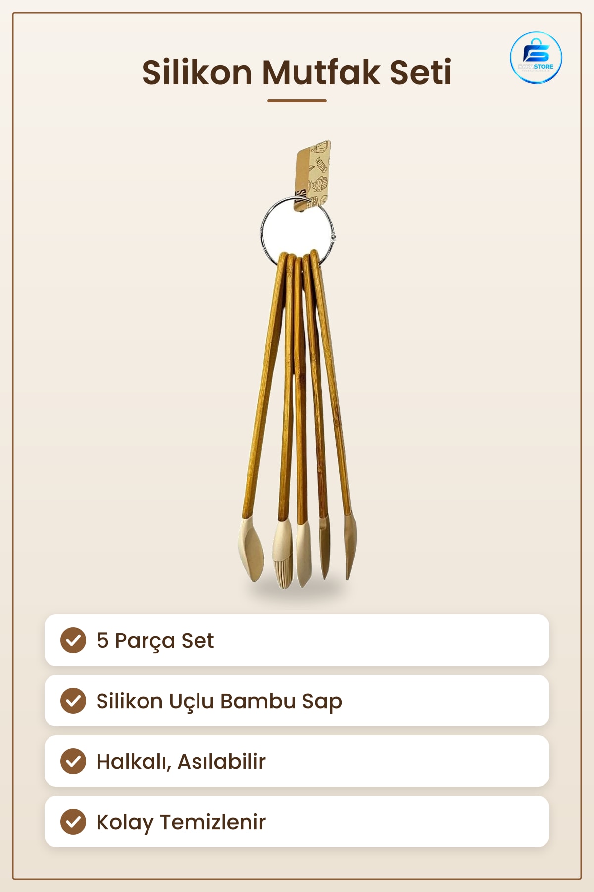 Silikon Mutfak Seti 5 Parça Bambu Saplı Spatula Fırça Kaşık Pasta Hamur Aleti Halkalı Asılabilir